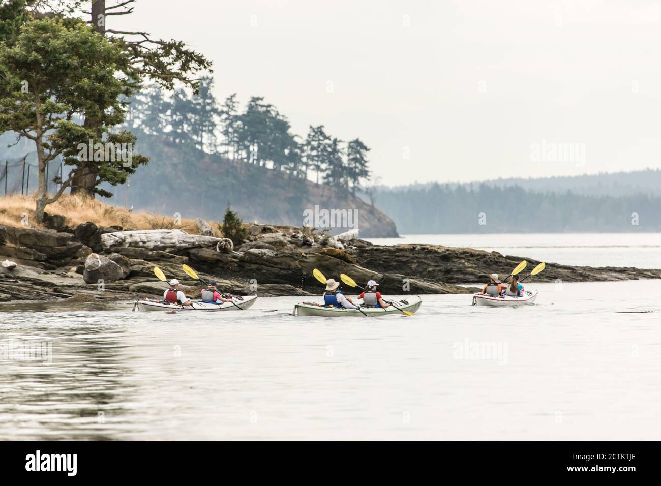 San Juan Island, Washington, USA. Group of kayakers in the Puget Sound ...