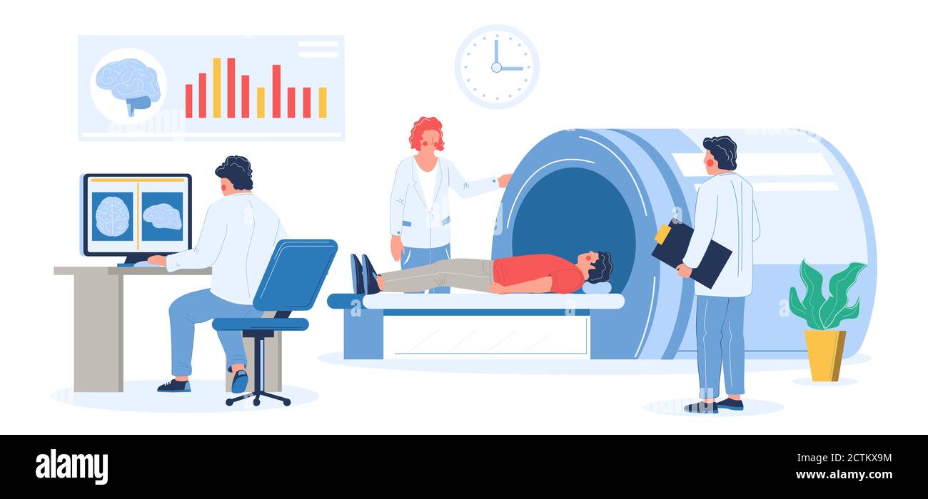 MRI exam procedure in clinic. Doctors, medical professionals doing head mri scan of patient, flat vector illustration. Stock Vector