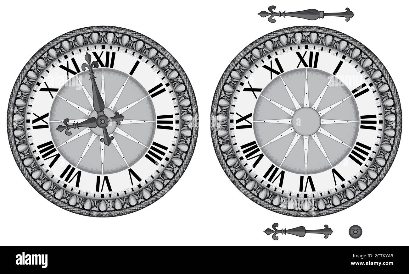Illustration of ancient retro vintage clock. Separate hour and hand for