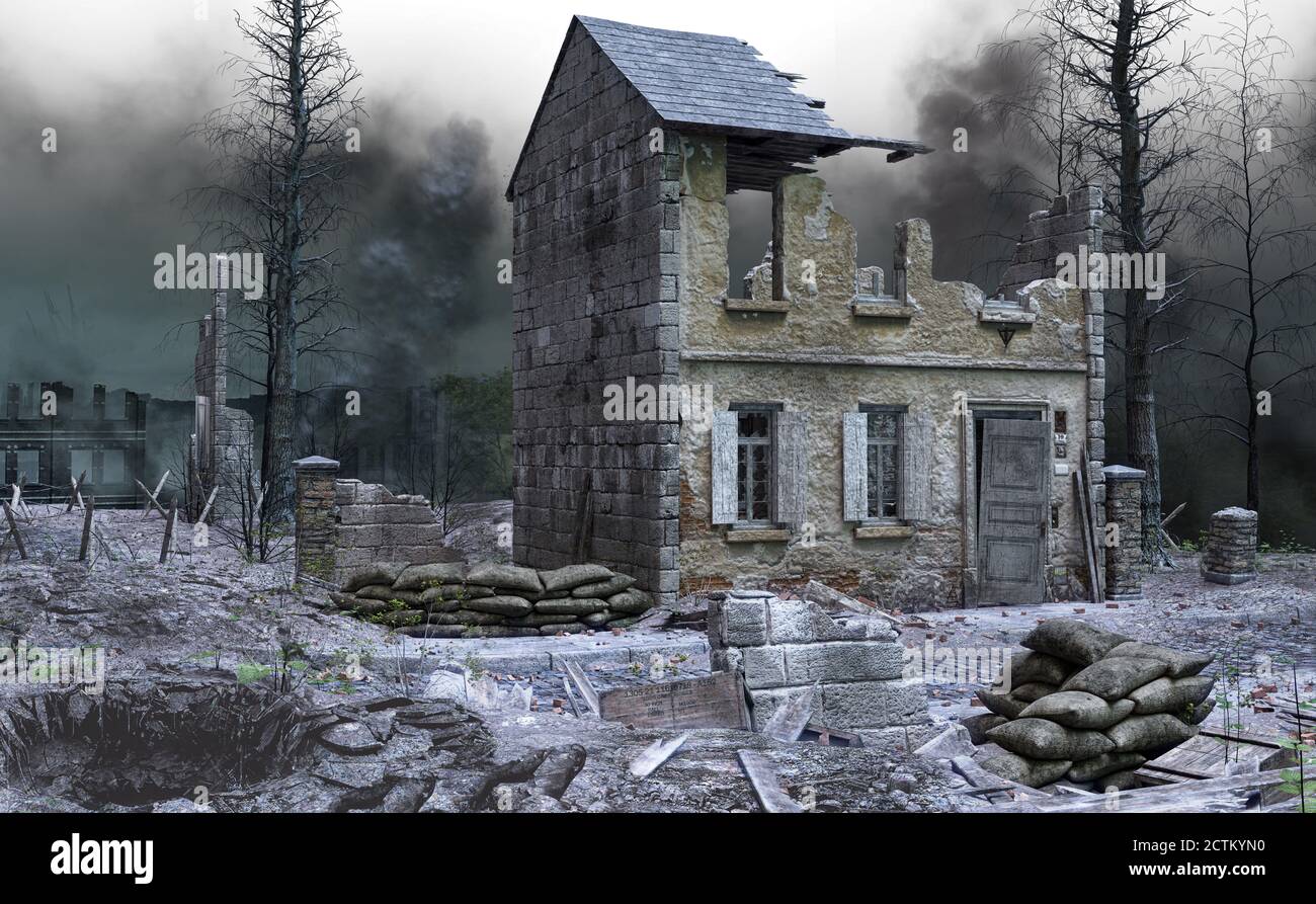 War Torn House in apocalyptic landscape, 3D illustration, 3D rendering Stock Photo