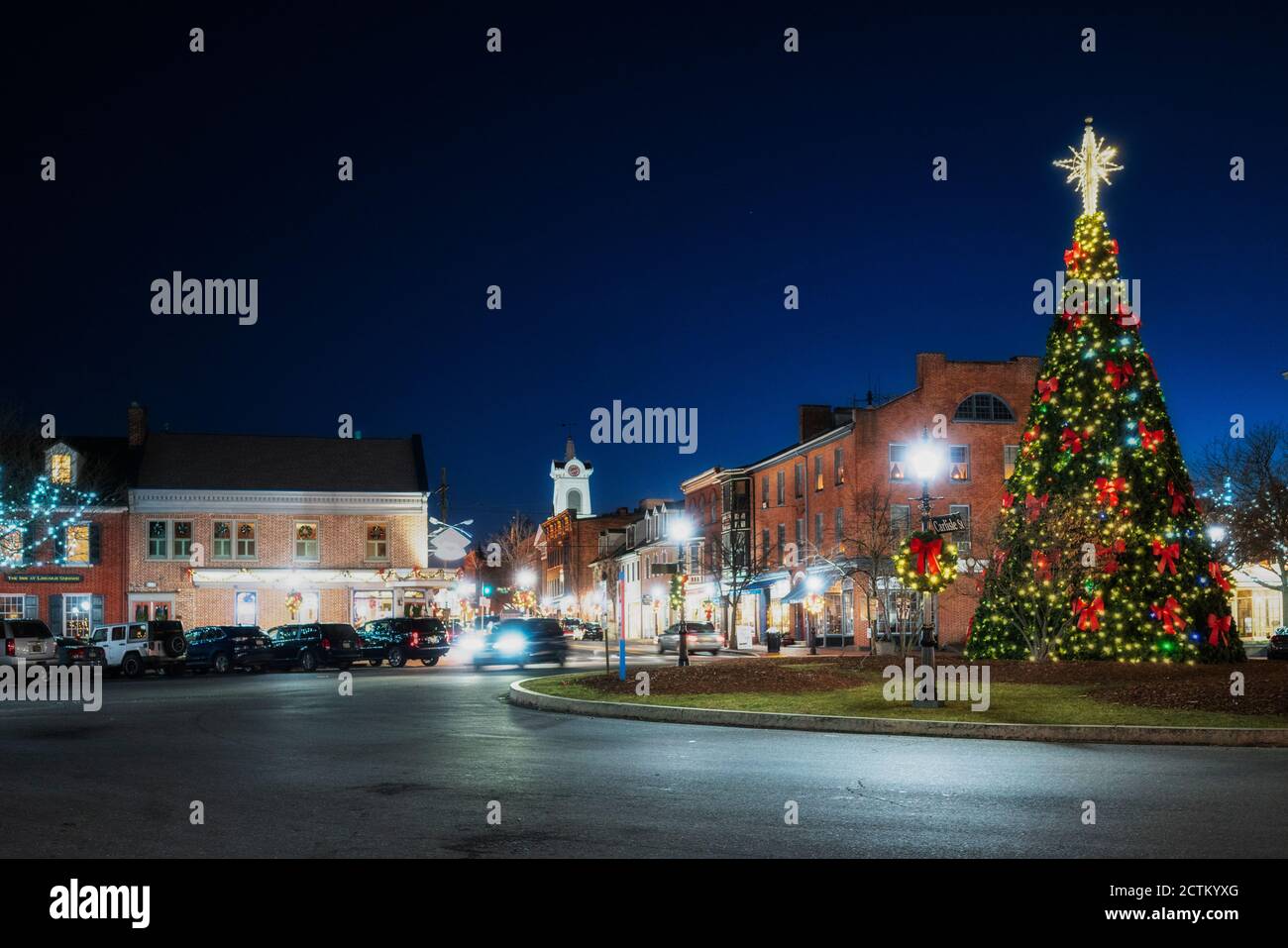 Winter night view of the town square lit up for Christmas, with holiday tree, at night, Gettysburg, Pennsylvania Stock Photo