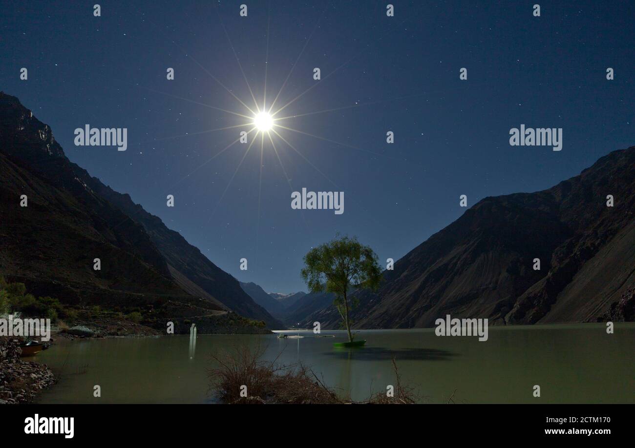 night landscape photography with stars and moon light of Pakistan Stock