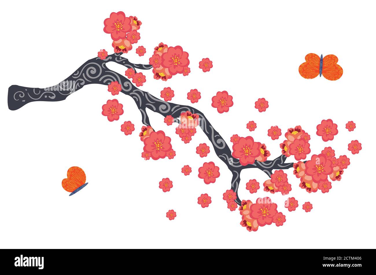 Spring cherry blossom tree branch, decorative Sakura flowers. Stock Vector