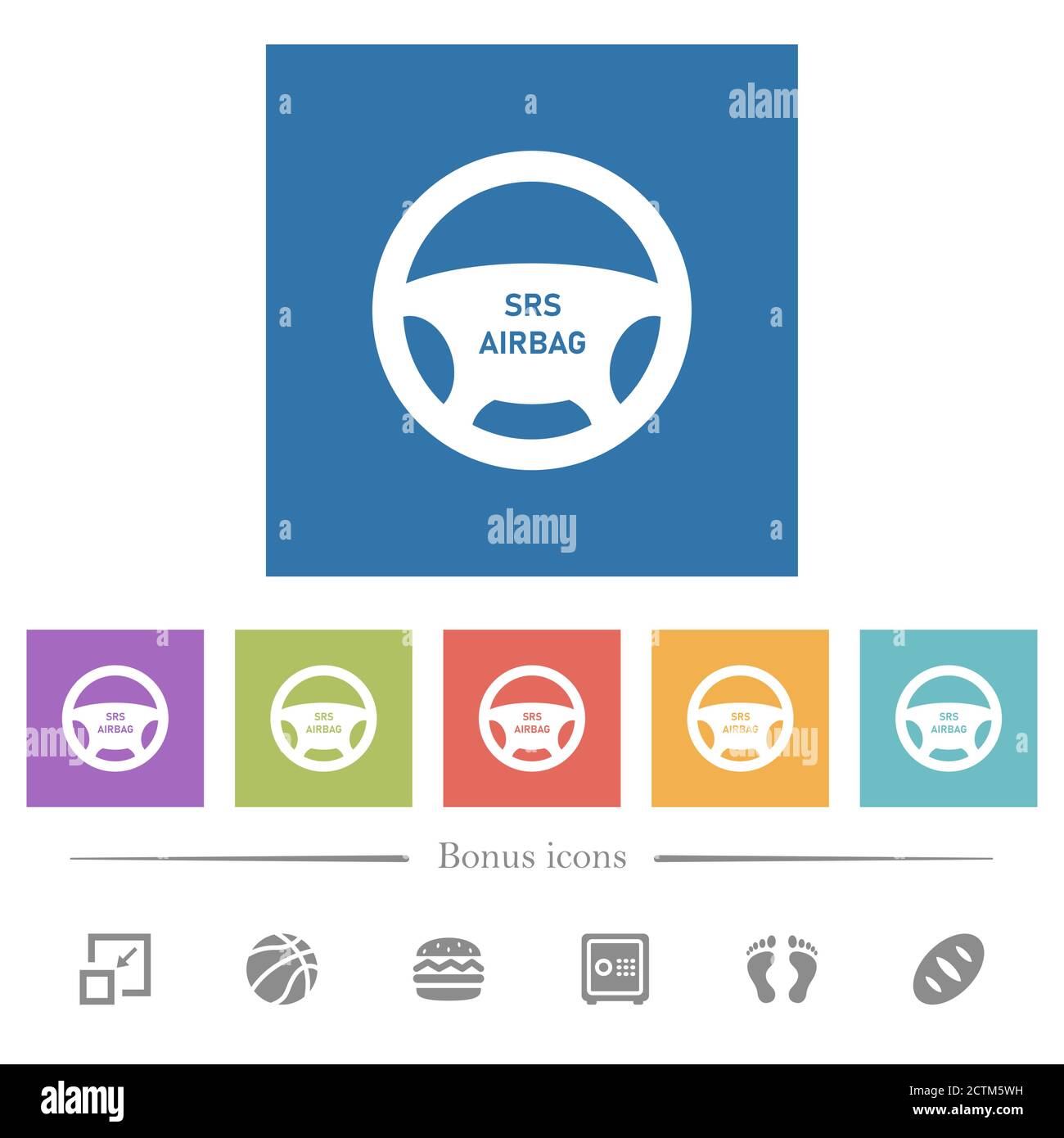 Steering wheel airbag flat white icons in square backgrounds. 6 bonus icons included. Stock Vector