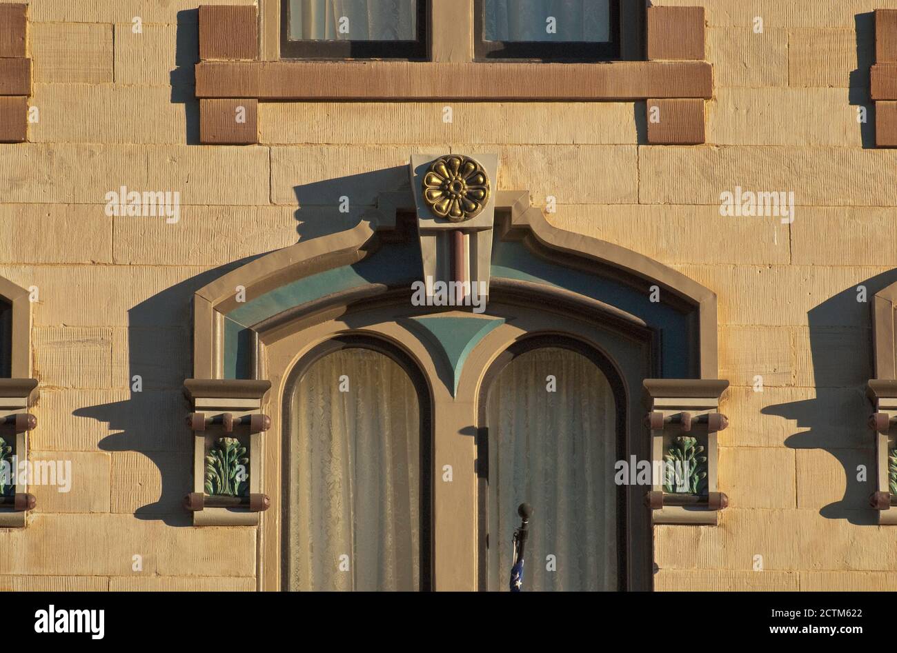 Details of window at historic Ilfeld building, part of Plaza Hotel in Las Vegas, New Mexico, USA Stock Photo