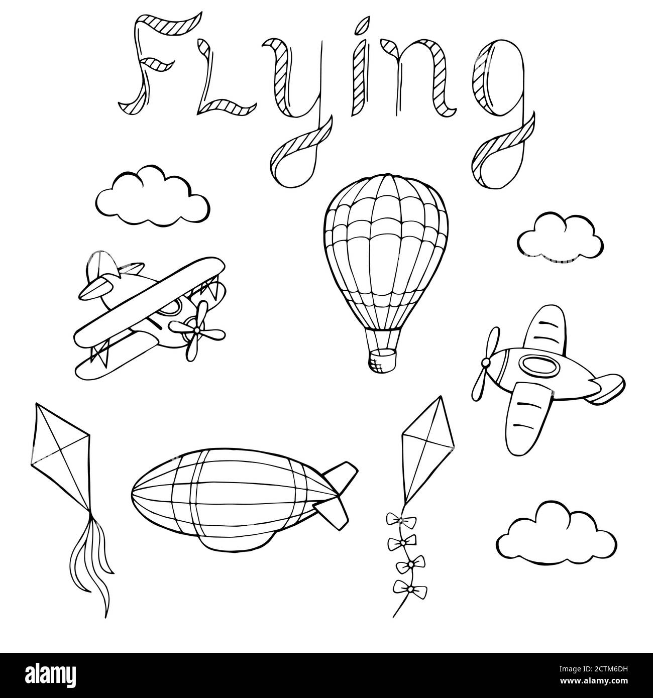 Flying airplane balloon airship kite cloud graphic art black white isolated illustration vector Stock Vector