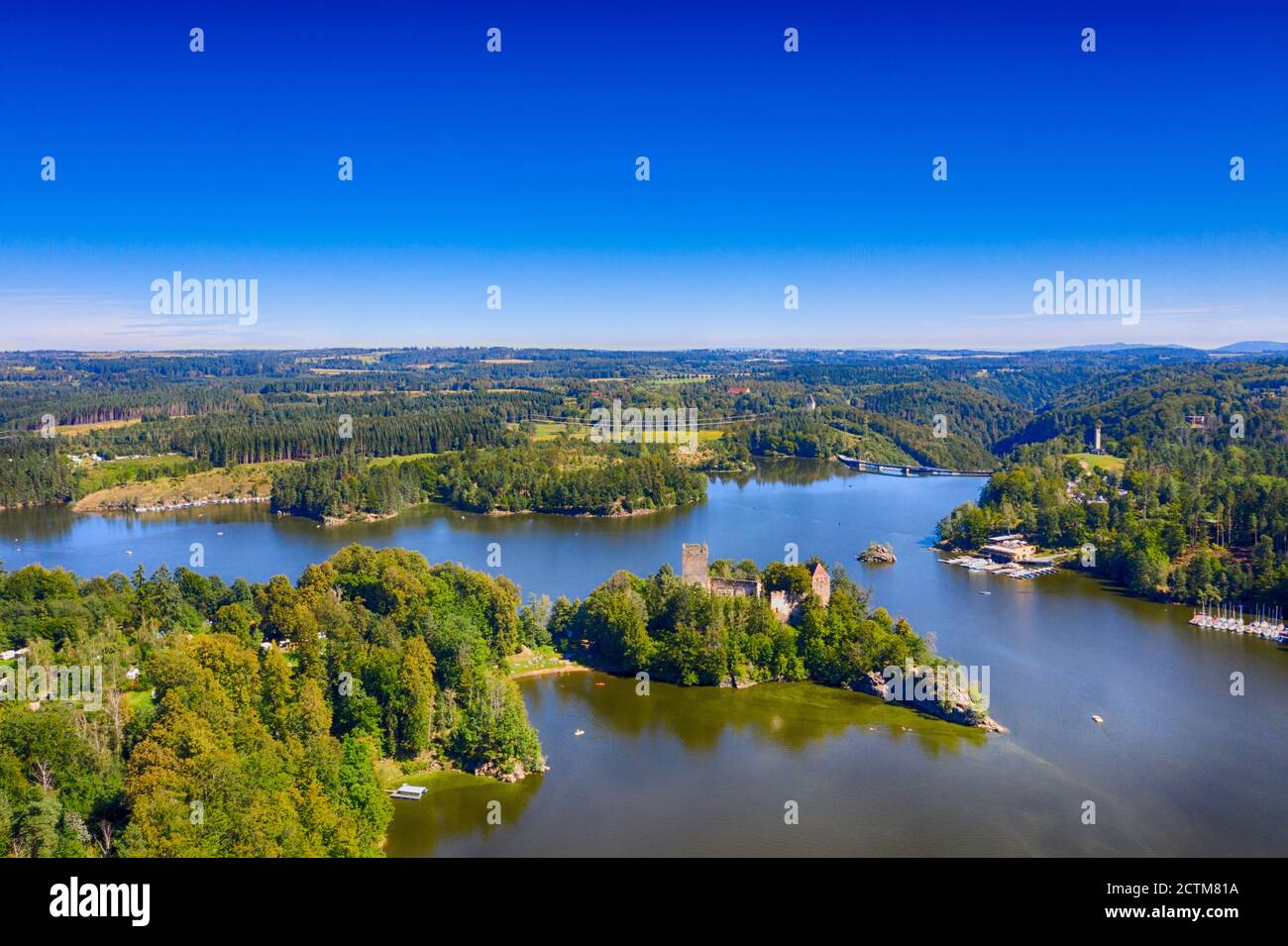 Ottenstein reservoir and Lichtenfels in Waldviertel, Lower Austria. Aerial view to the lake and the historic landmark ruin. Stock Photo