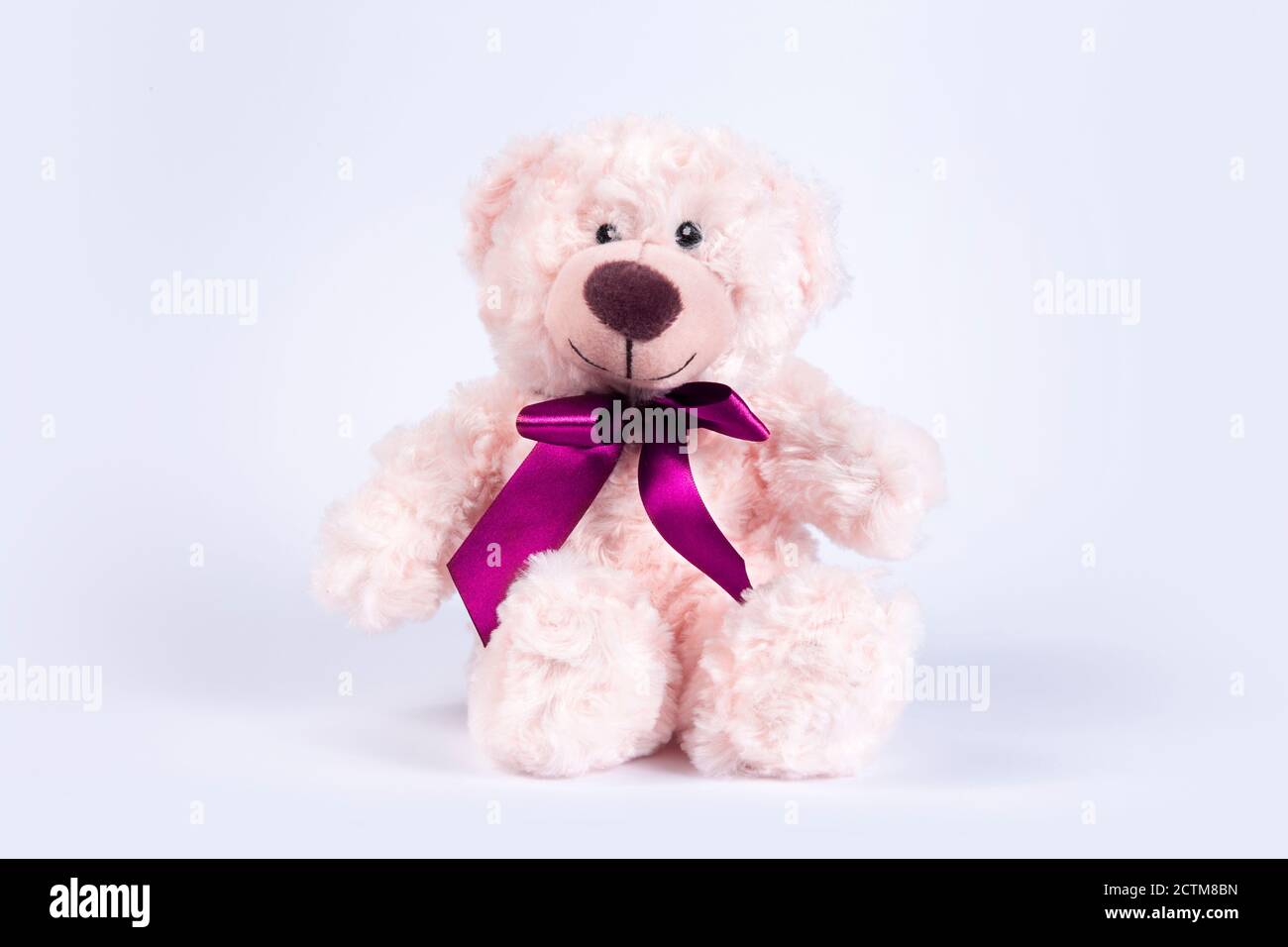 Teddy bear furry toy for kids isolated on white background. Cheerful posotive romantic bear. Stock Photo