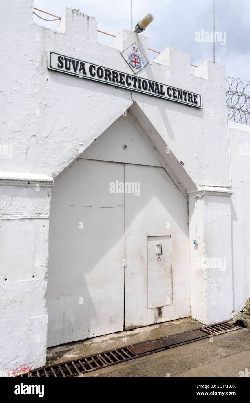 Main gate entrance to the men's prison in Suva, Fiji in the South Pacific Stock Photo