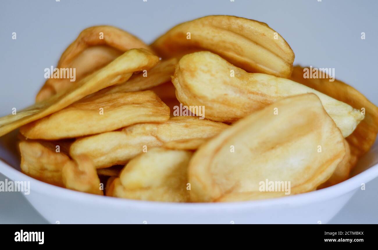 Jackfruit chips on white background. Stock Photo