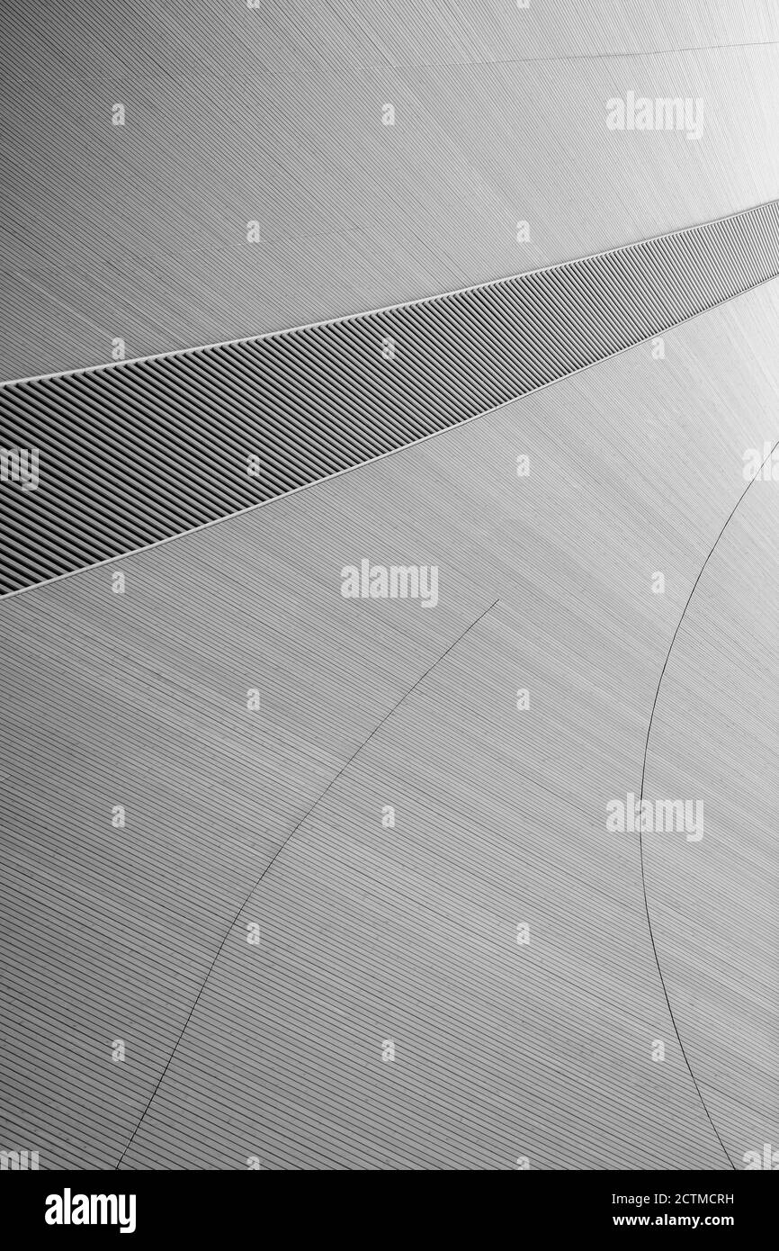 Abstract and modern ceiling made of spruce tree's wood boards in black and white. Viewed from below. High resolution full frame textured background. Stock Photo