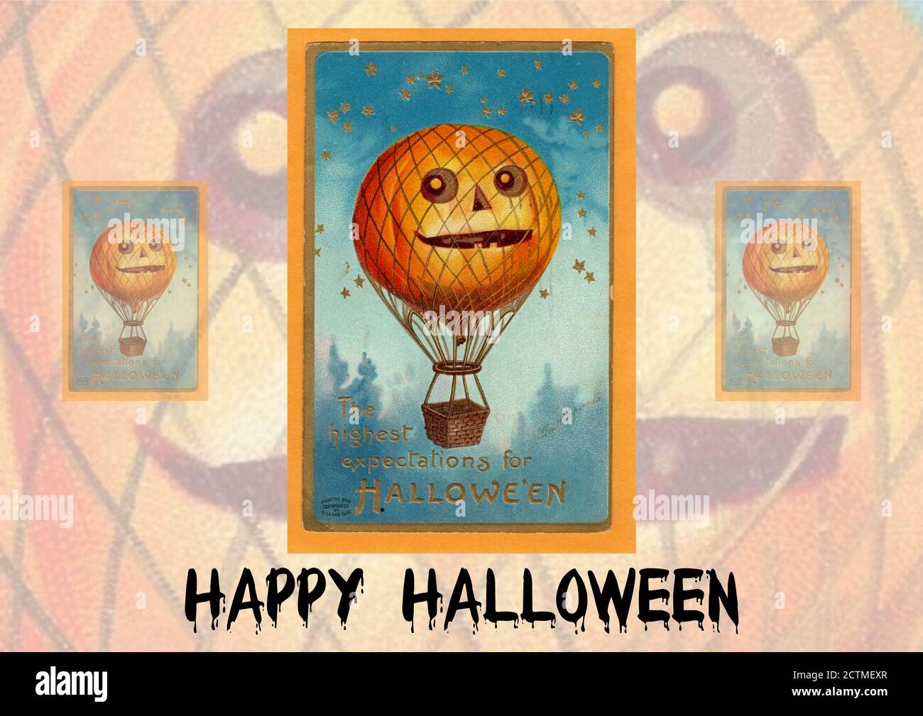 Vintage Halloween design with a contemporary twist. Pumpkin-Head hot air balloon with copy space either side to  add text Stock Photo
