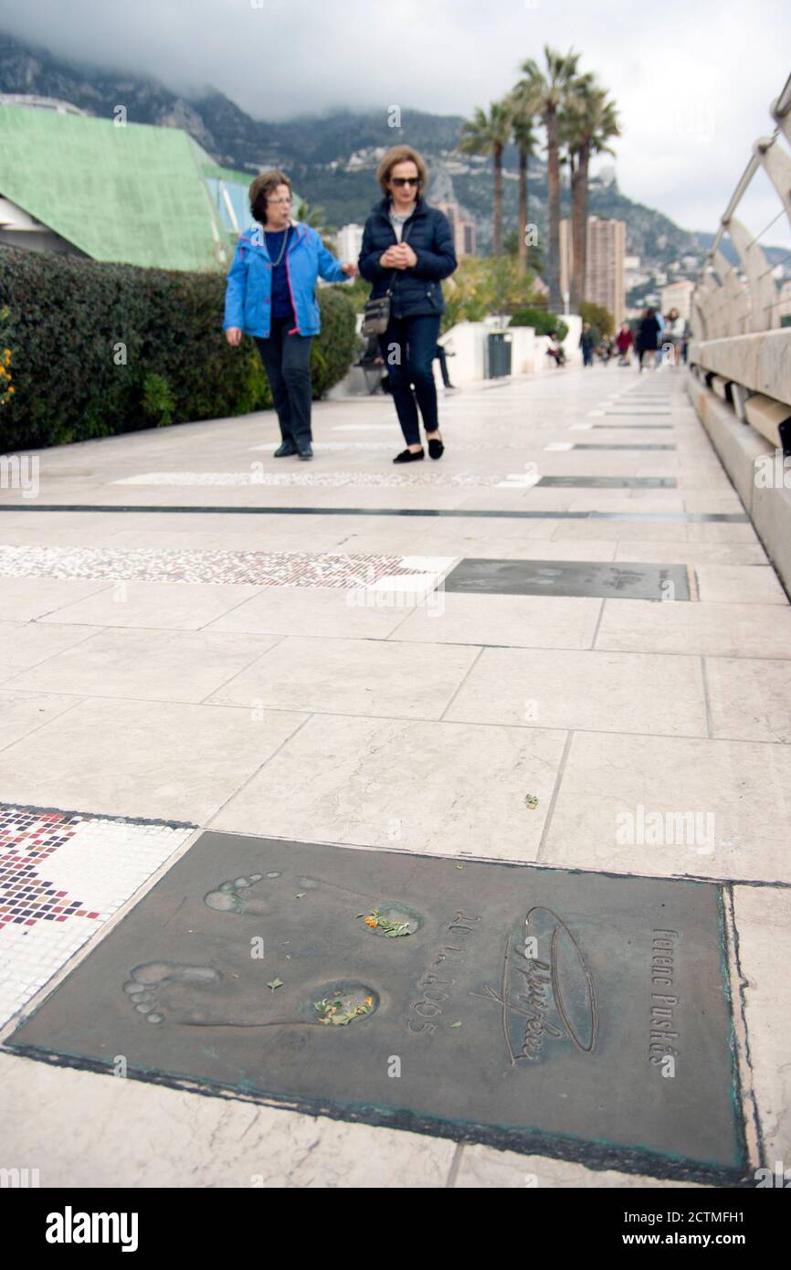 Monaco Footprint of Ferenc Puskas world famous hungarian footballer in the The Alley of Football Fame. Otherwise known as the Champions Promenade. Stock Photo