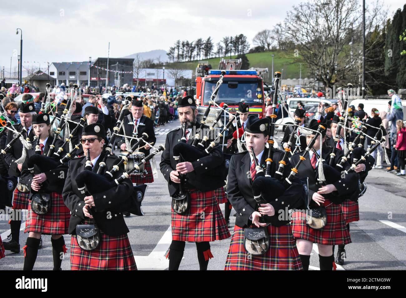 Ballingeary pipe band playing at Saint Patricks day celebration in Bantry, Co Cork. Ireland. Stock Photo