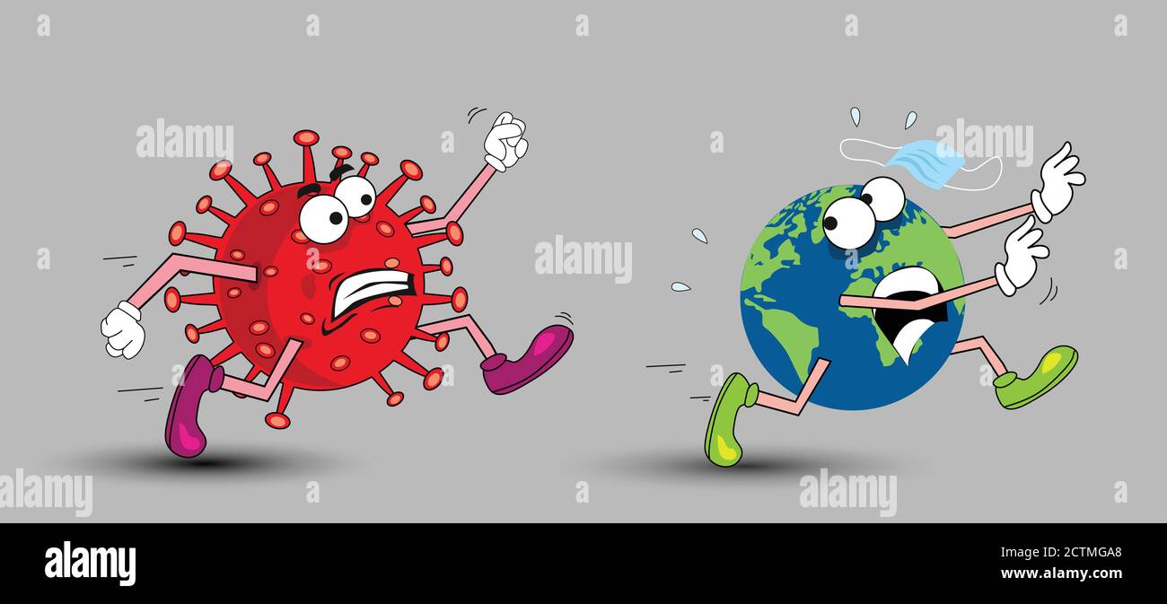 Vector cartoon figure drawing conceptual illustration of corona virus chasing running glob. COVID-19 virus with disinfection or disinfectant. Stock Vector