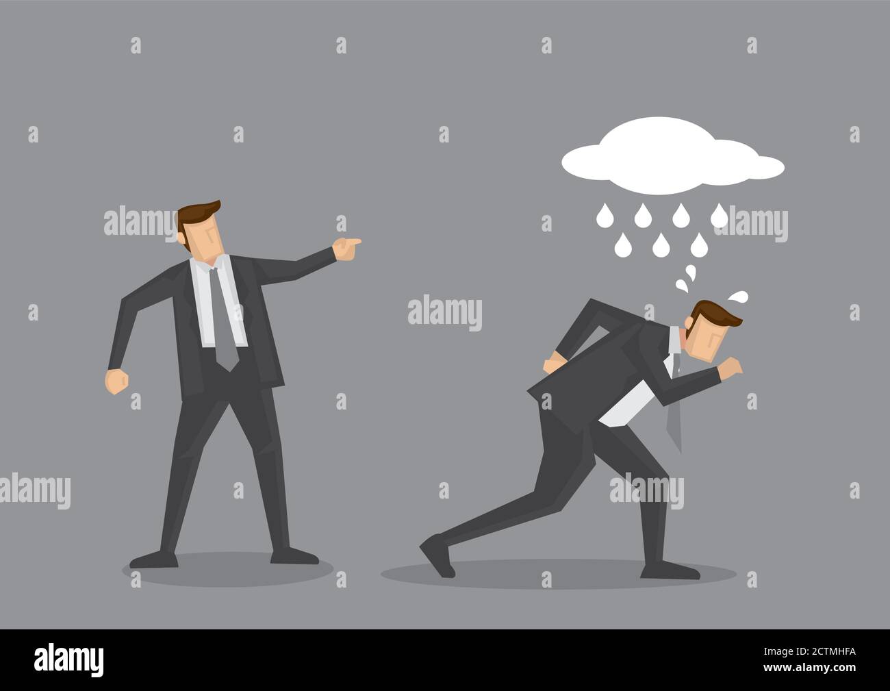 Bad luck business executive with a raining cloud above his head reprimanded by manager to get out. Creative cartoon vector illustration for concept on Stock Vector