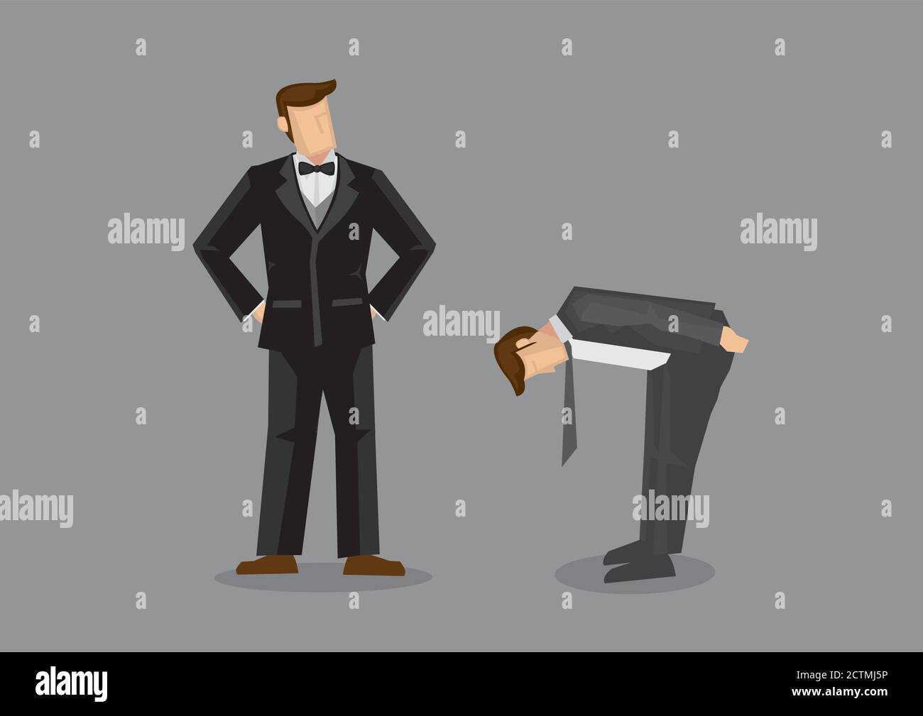 Cartoon man bending low and bowing to man wearing bow tie with hands on hips, representing high social status. Vector illustration of isolated grey ba Stock Vector