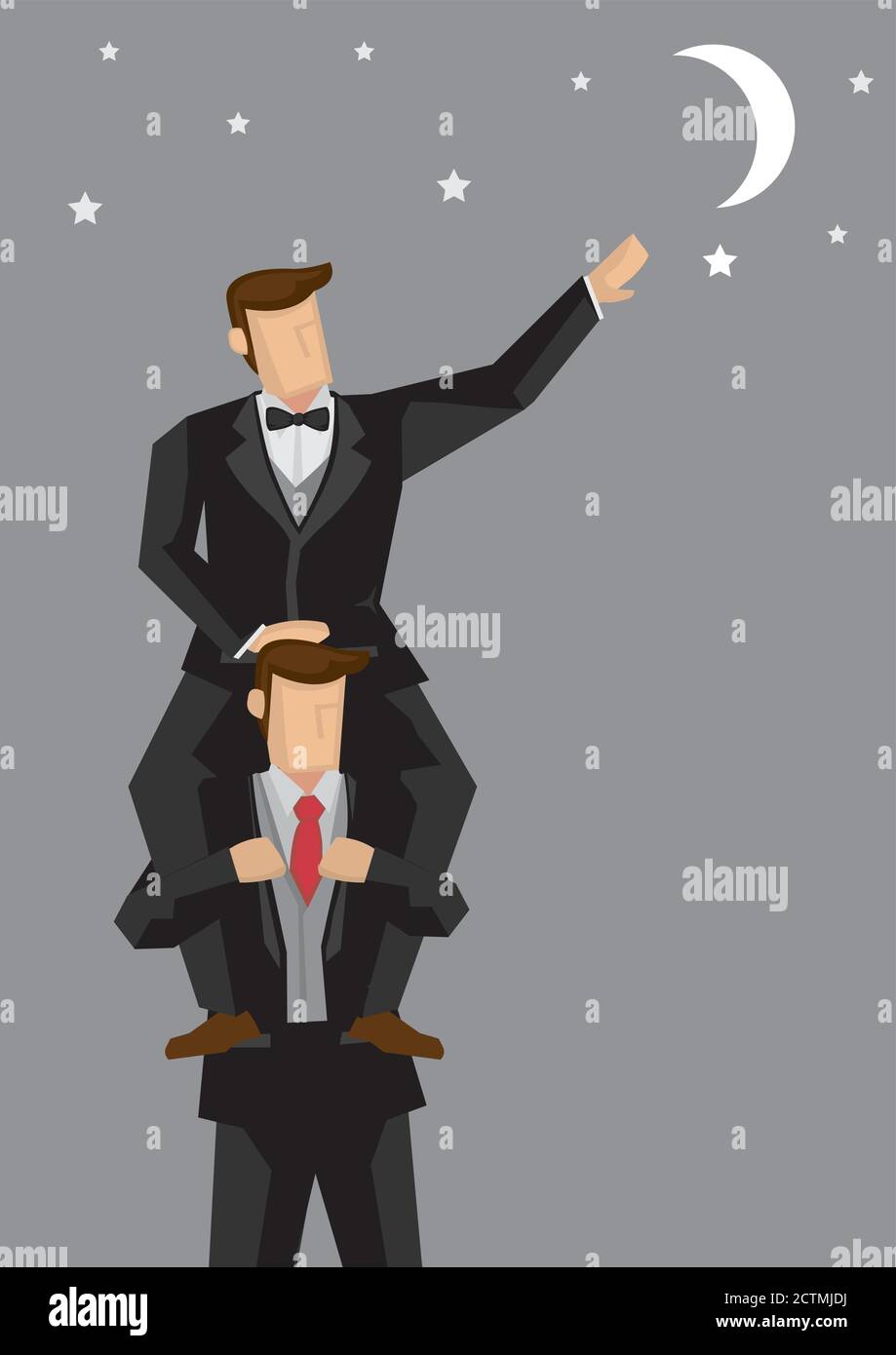 Cartoon man sitting on shoulders of his partner and reaching for the crescent moon in the sky. Vector illustration for aiming high and working with a Stock Vector