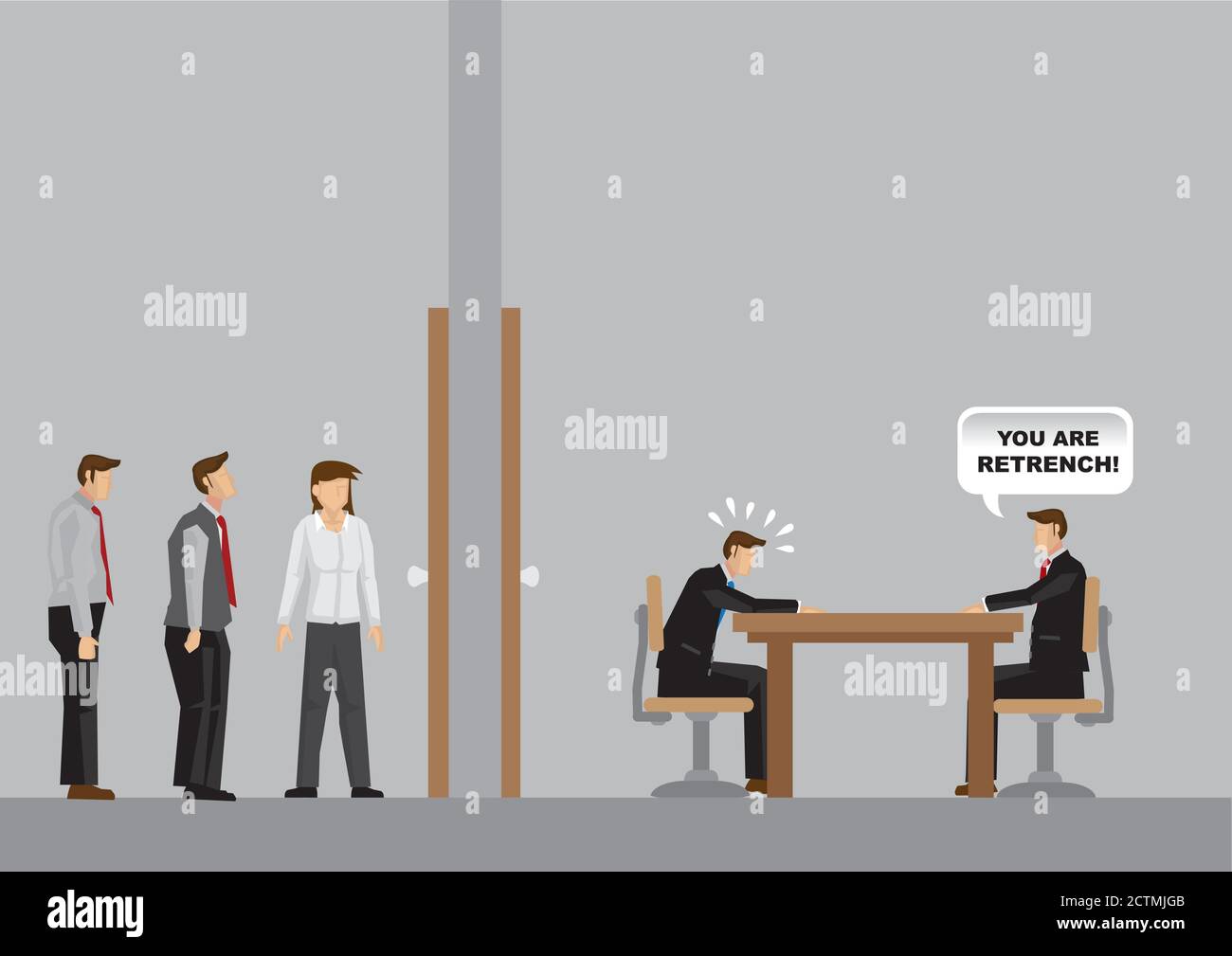 Business professionals waiting outside office. Inside office, manager informs employee about retrenchment news. Cartoon vector illustration on company Stock Vector