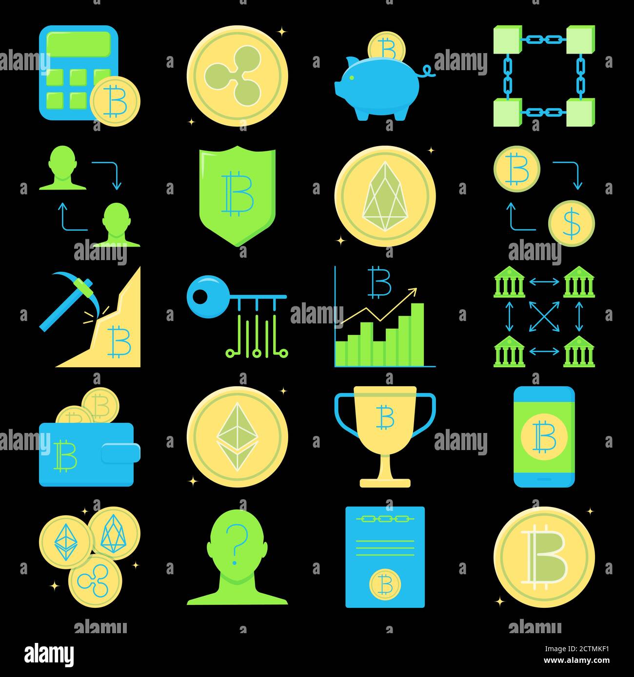 Bitcoin and altcoins icon set in flat style Stock Vector
