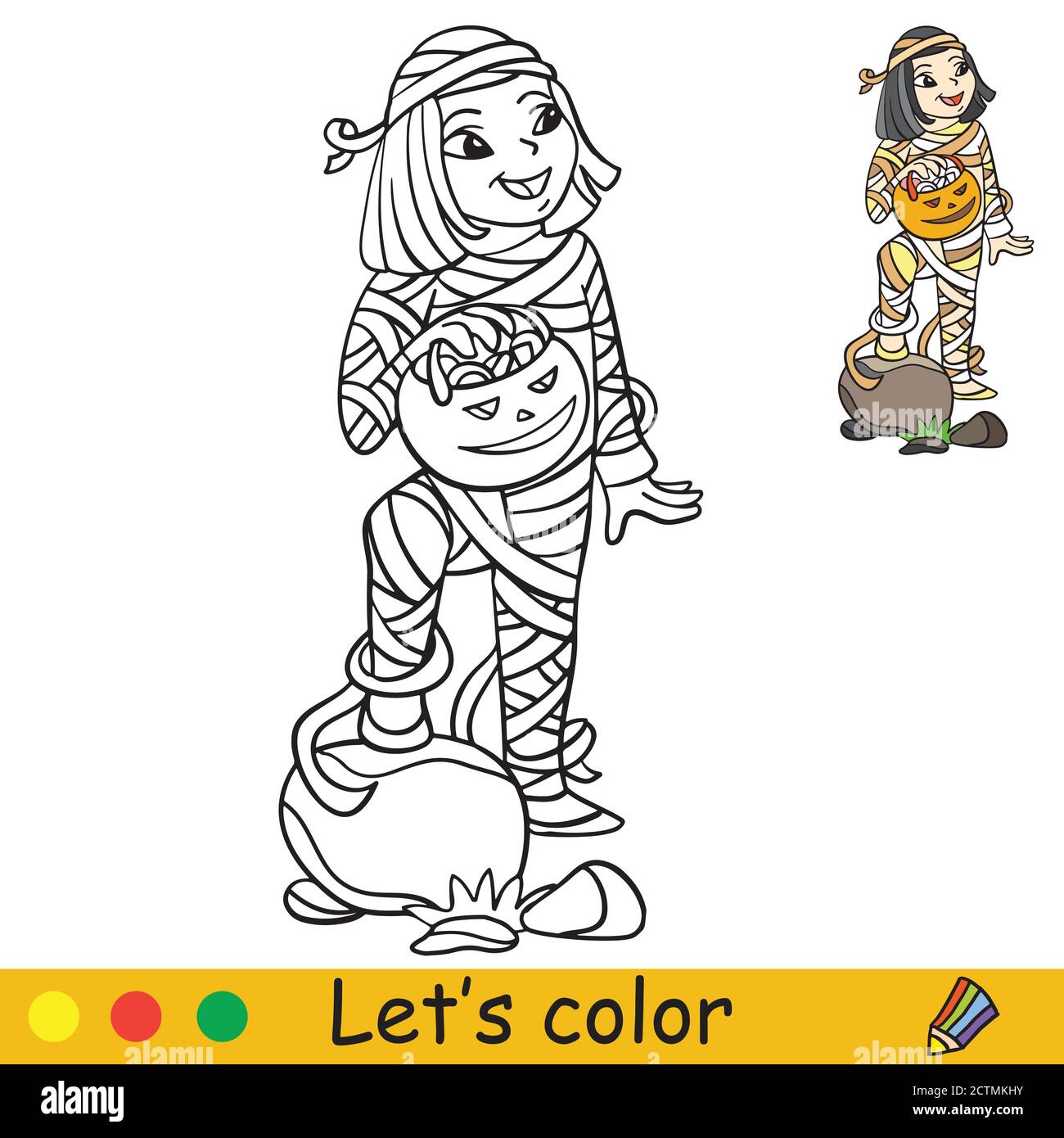 Halloween coloring with colored example cute mummy Stock Vector