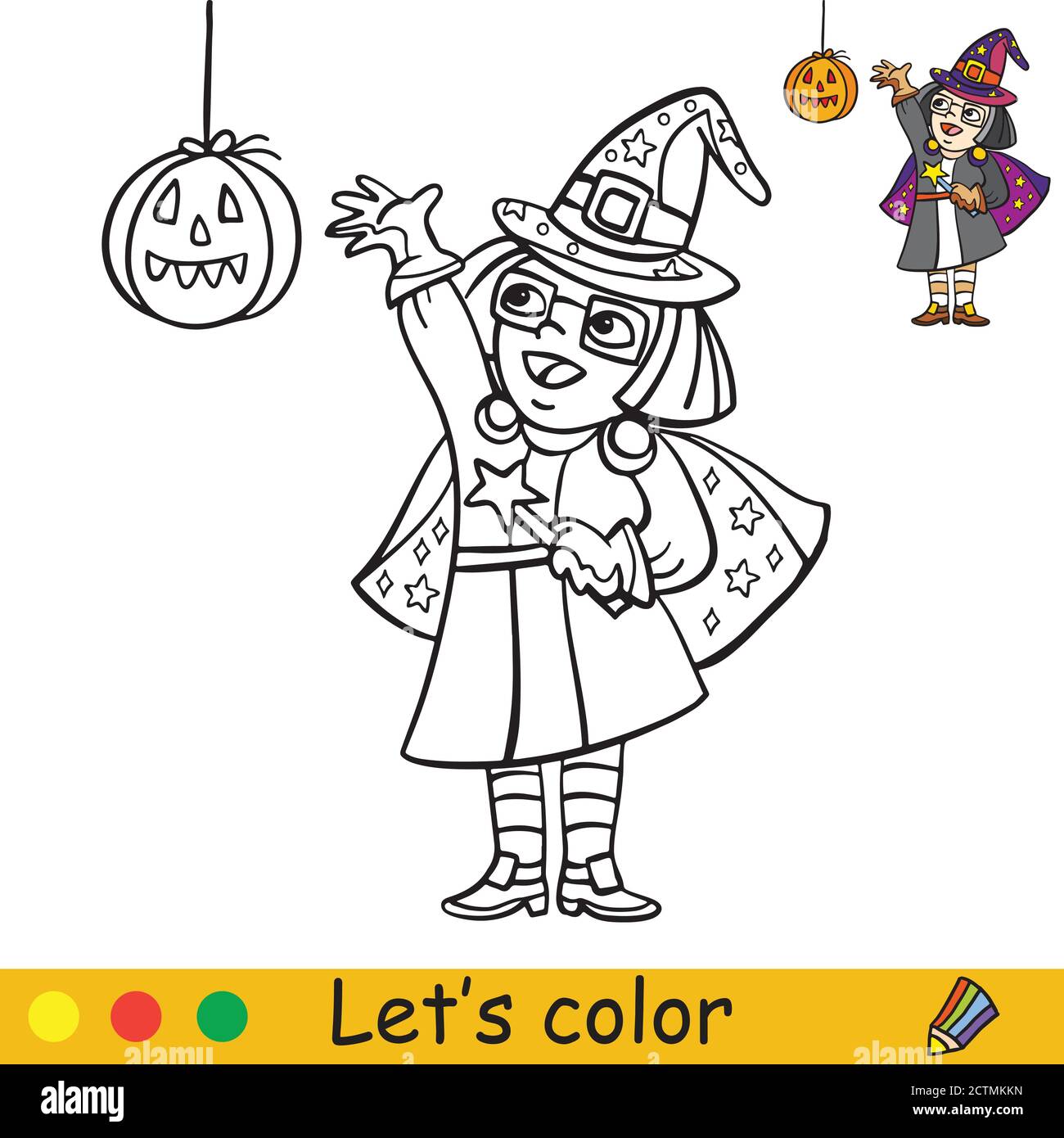 Halloween coloring with colored example little witch Stock Vector
