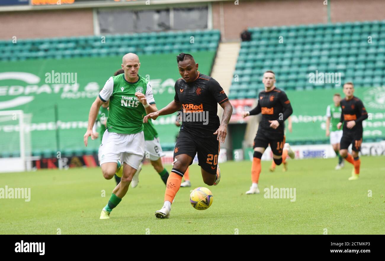 Easter Road Stadium Edinburgh. Scotland UK.20th Sep 20. Scottish Premiership Match  Hibernian vs Rangers. L/r Tussle for the ball Hibs  Alex Gogic  ch Stock Photo