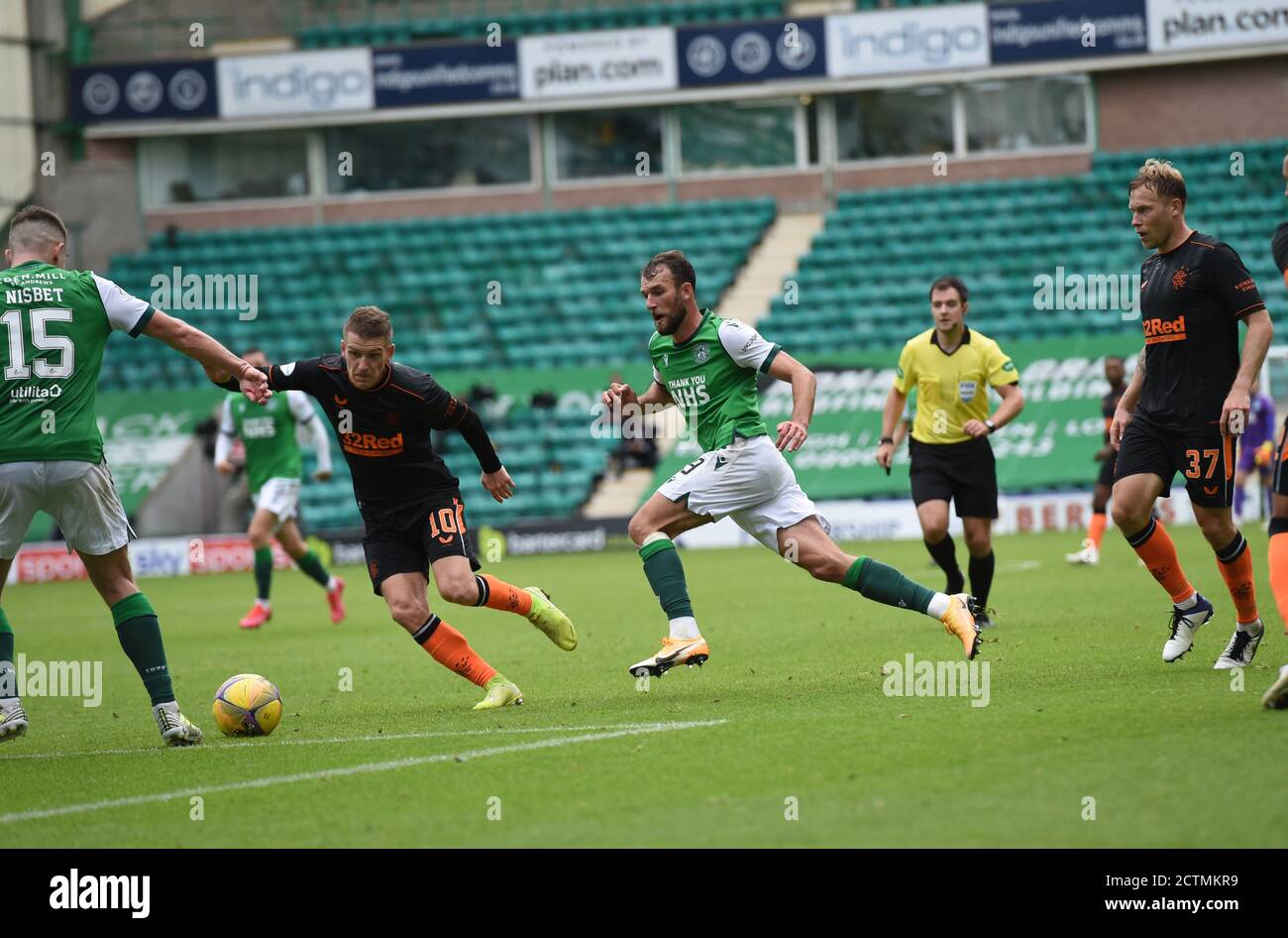 Easter Road Stadium Edinburgh. Scotland UK.20th Sep 20. Scottish Premiership Match  Hibernian vs Rangers. Steven Davis Rangers (10)  takes on Hibs Kev Stock Photo