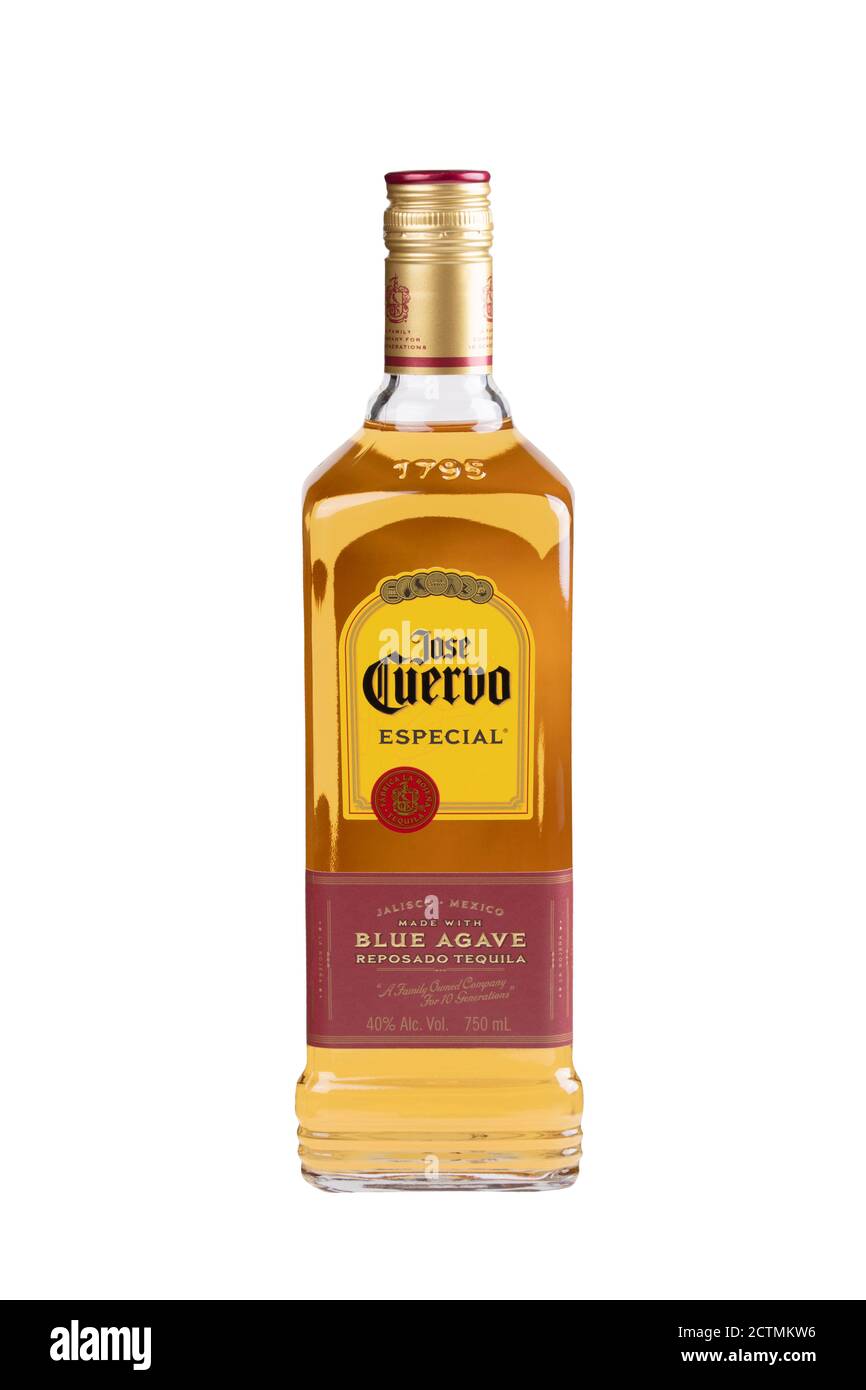 Guilin, China March 05, 2020 A bottle of Josa Cuervo Tequila imported from the Mexican State of Jalisco isolated on a white background Stock Photo