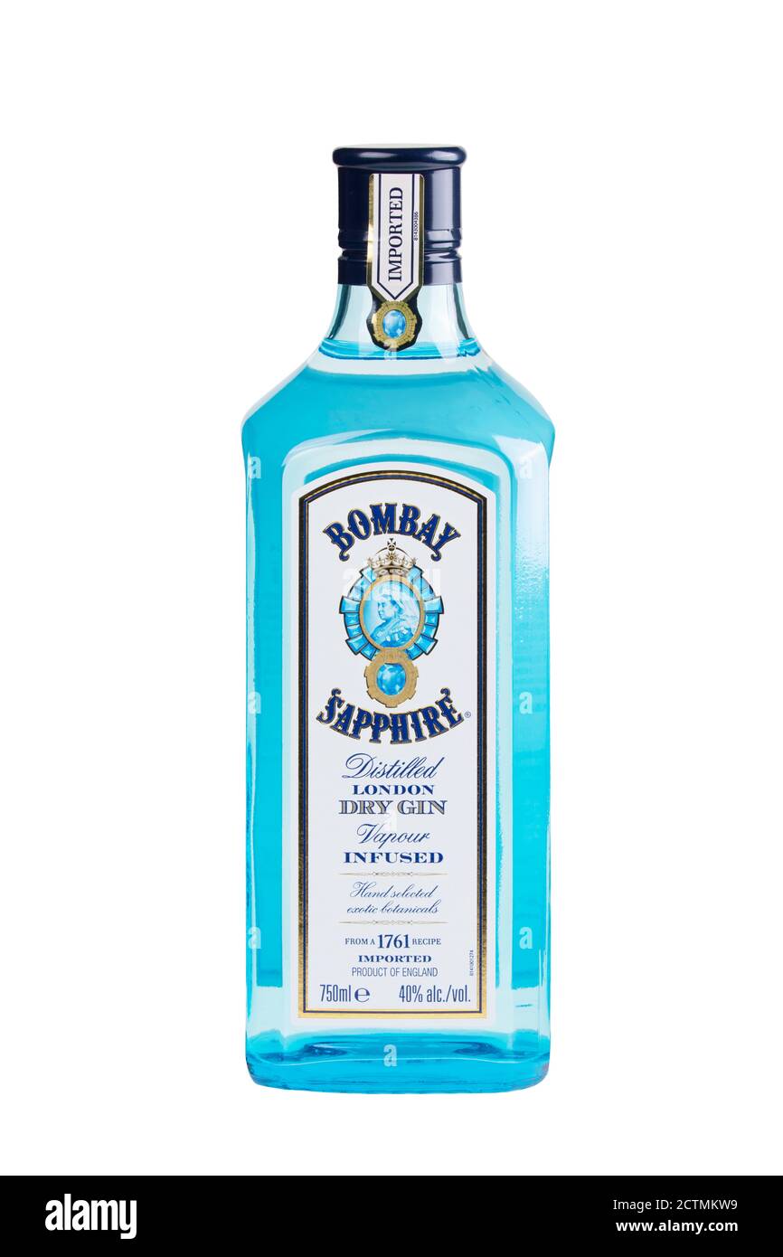 Guilin, China March 5, 2020 A bottle of Bombay Sapphire London Dry Gin isolated on a white background Stock Photo