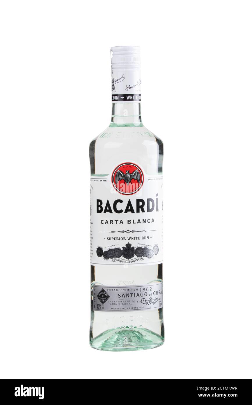Guilin, China March 5, 2020 A bottle of Bacardi Superior White Rum.  Imported from Santiago, Cuba. Isolated on a white background Stock Photo
