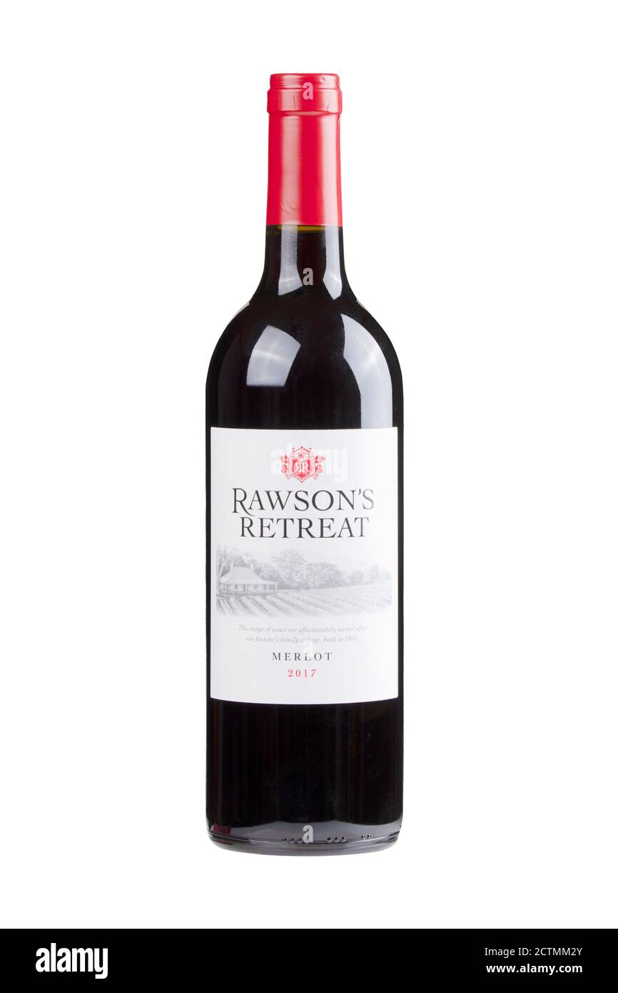 Guilin, China March 5, 2020 A bottle of Rawson's Retreat Merlot.  A red wine imported from Southern Australia, isolated on a white background Stock Photo