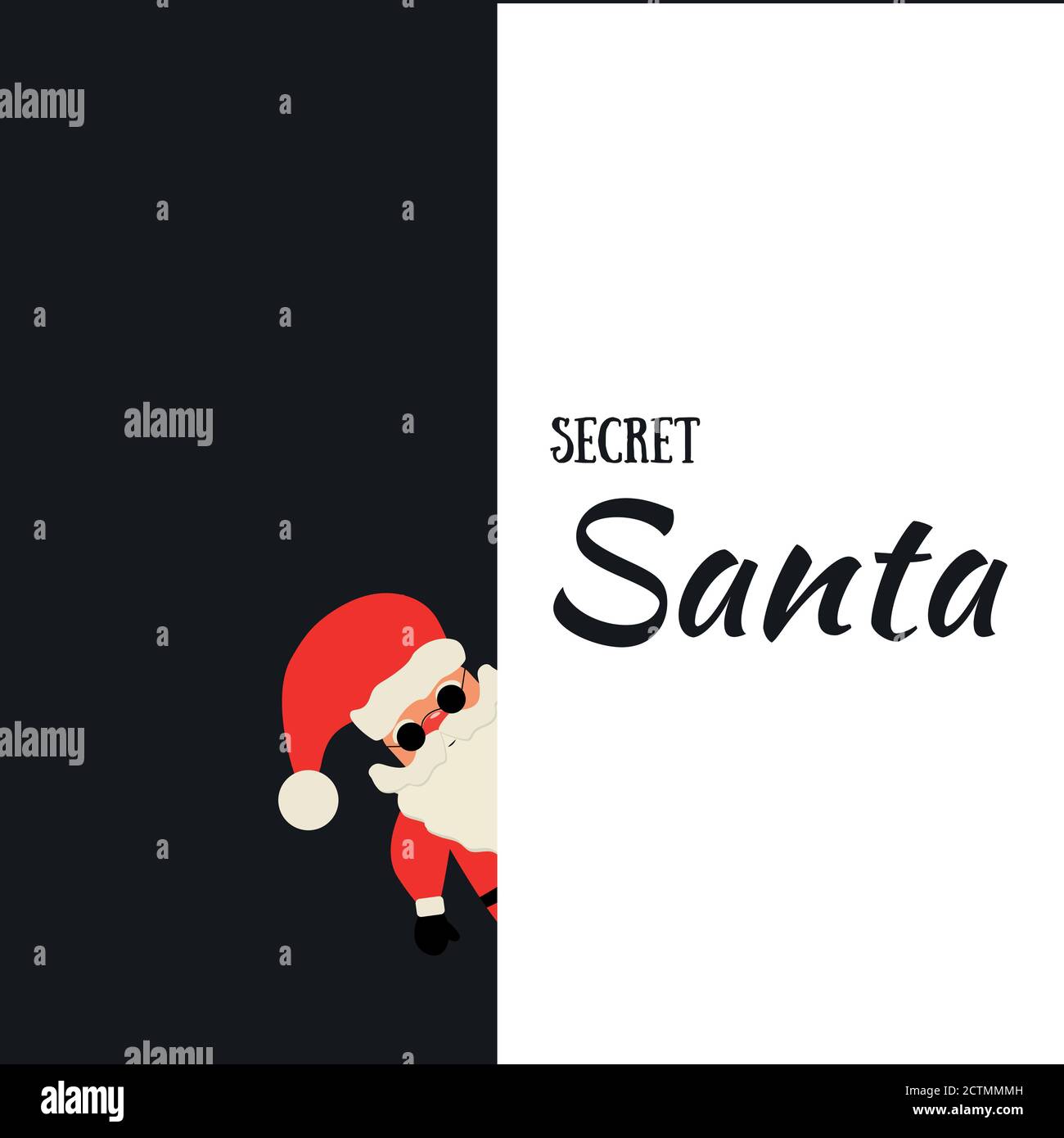 Secret Santa Claus invitation background with cartoon Santa Claus peeking out from behind the poster. vector illustration. Stock Vector