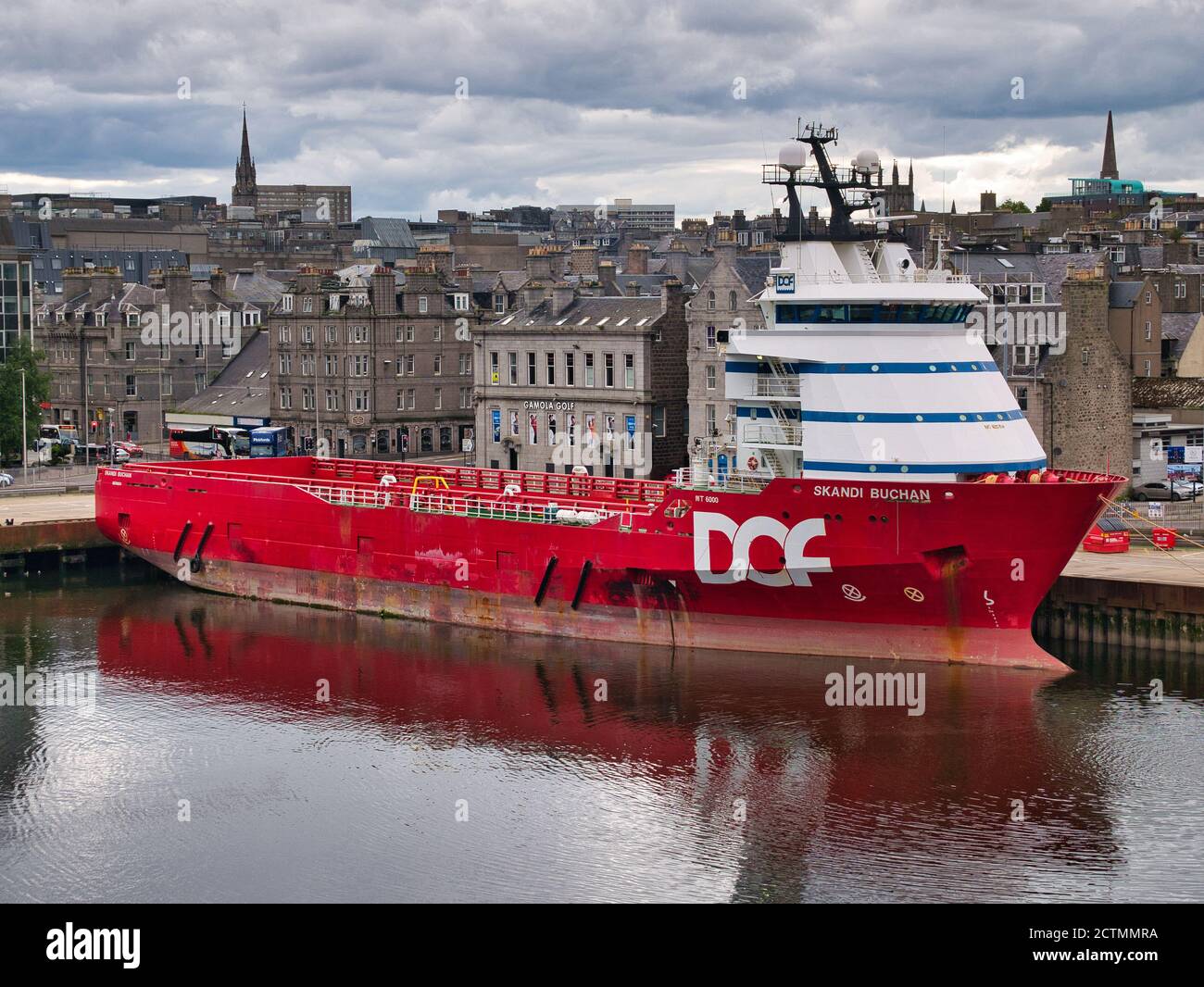 Skandi Buchan berthed in the port of Aberdeen, Scotland, UK - this ship is a Platform Supply Vessel operating in the North Sea, built in 2002 Stock Photo