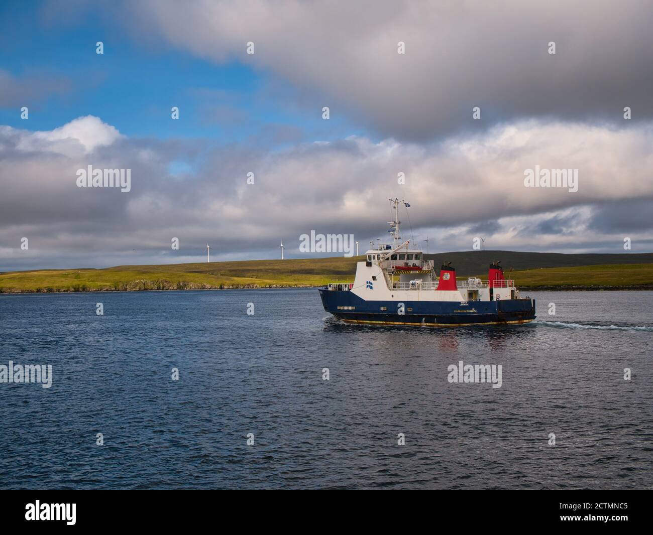 The interisland car ferry MV Bigga on Bluemull Sound between Yell and Unst, in Shetland, UK Stock Photo