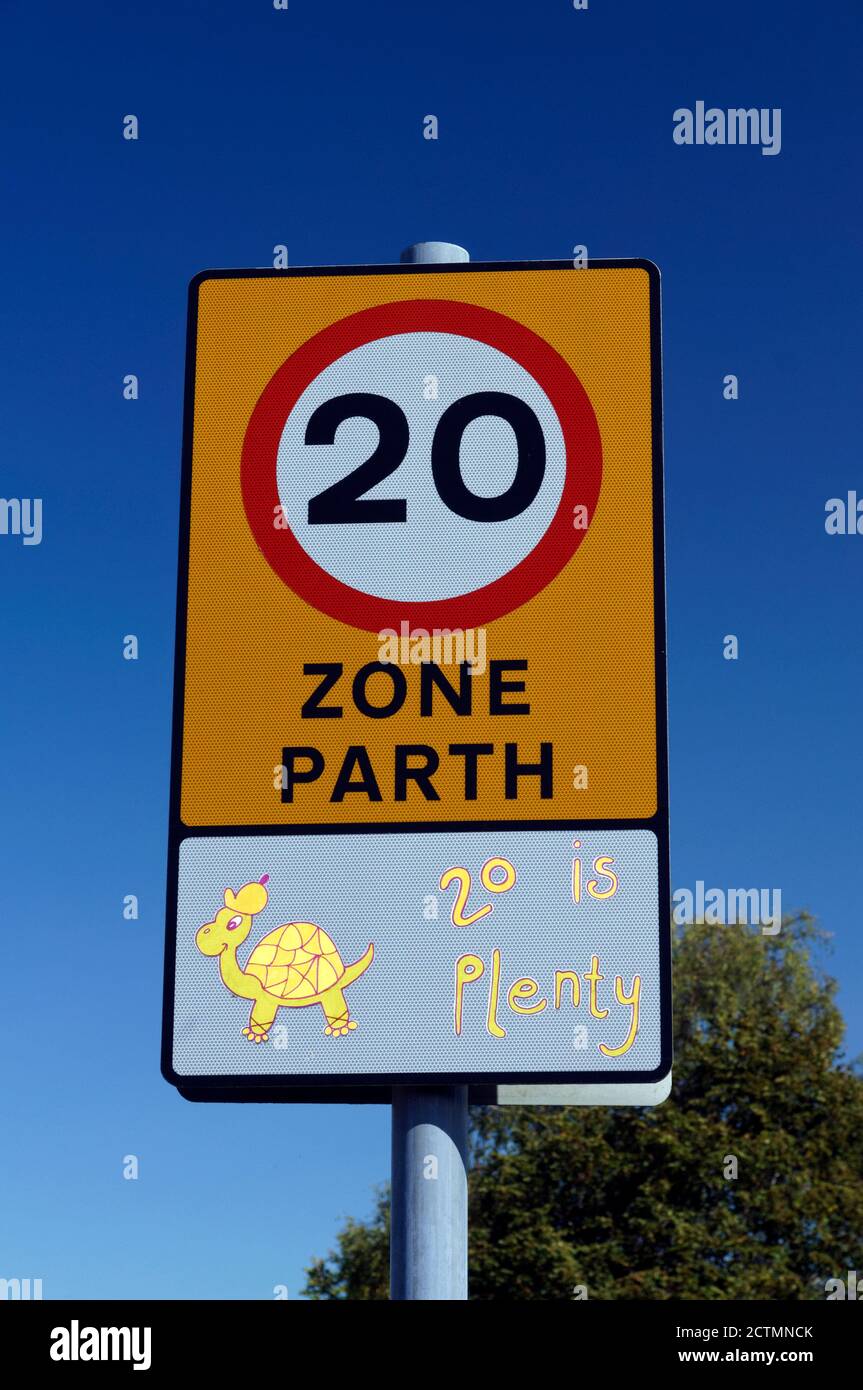 20 mph zone sign, Tredegar, Blaenau Gwent, South Wales Valleys, Wales. Stock Photo