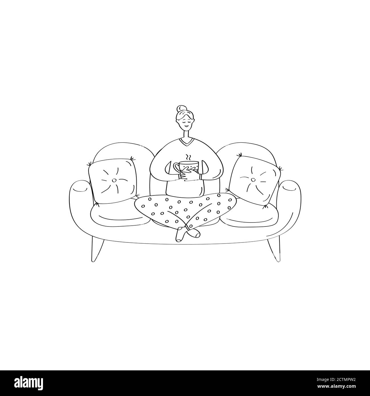 Woman in pajamas sitting on couch. Cozy home card. Hand drawn linear vector illustration Stock Vector