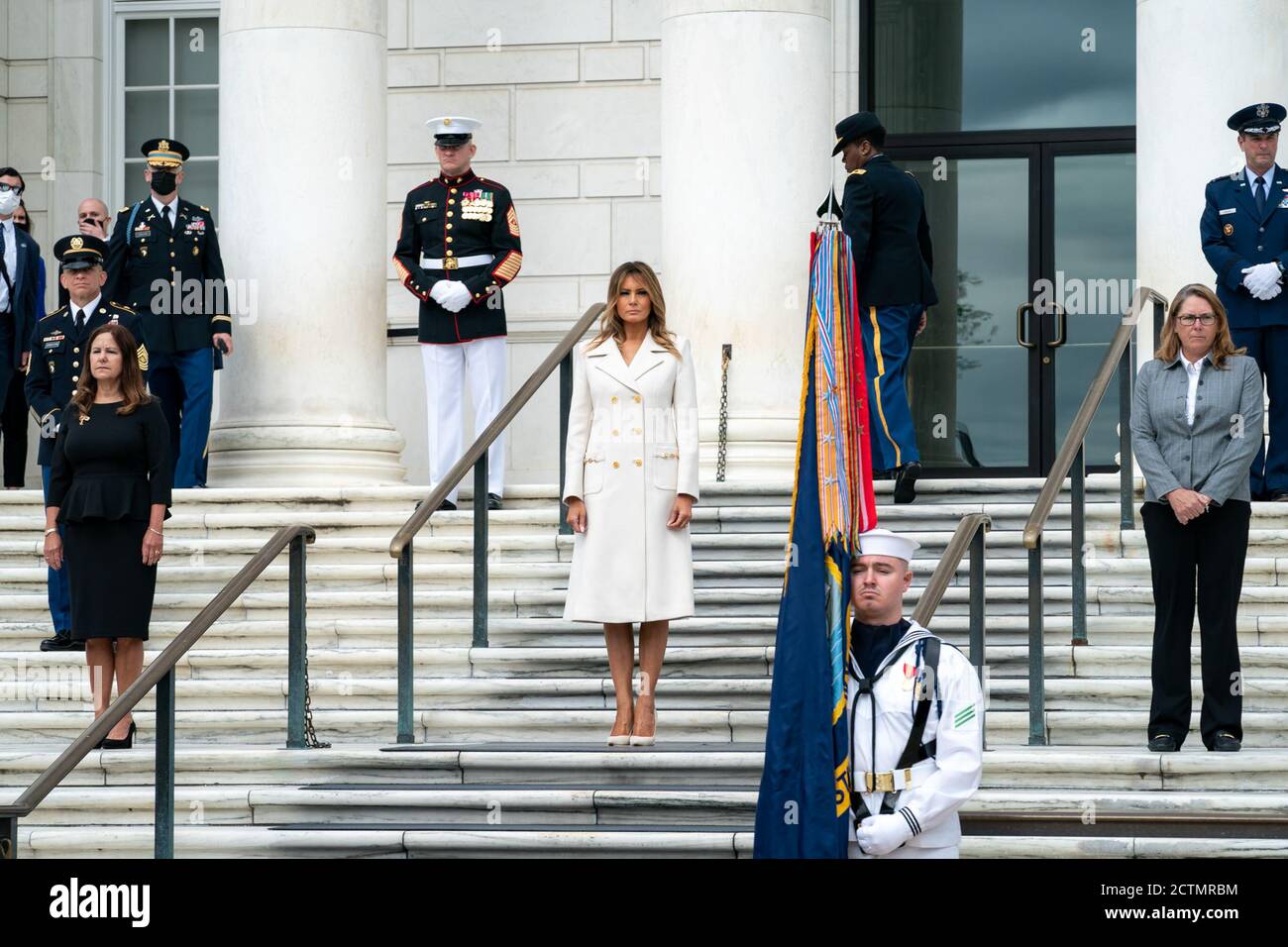 Memorial Day 2020. First Lady Melania Trump, joined by Second Lady Karen Pence and Mrs. Leah Esper, wife of Defense Secretary Mark Esper, participate in a Memorial Day wreath laying ceremony at the Tomb of the Unknown Soldier at Arlington National Cemetery Monday, May 25, 2020, in Arlington, Va. Stock Photo