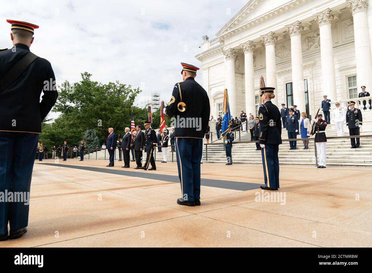 Memorial Day 2020. President Donald J. Trump, Vice President Mike Pence, Secretary of Defense Mark Esper and U.S. Army Gen. Omar Jones participate in the Memorial Day wreath-laying ceremony at the Tomb of the Unknown Soldier at Arlington National Cemetery Monday, May 25, 2020, in Arlington, Va. Stock Photo