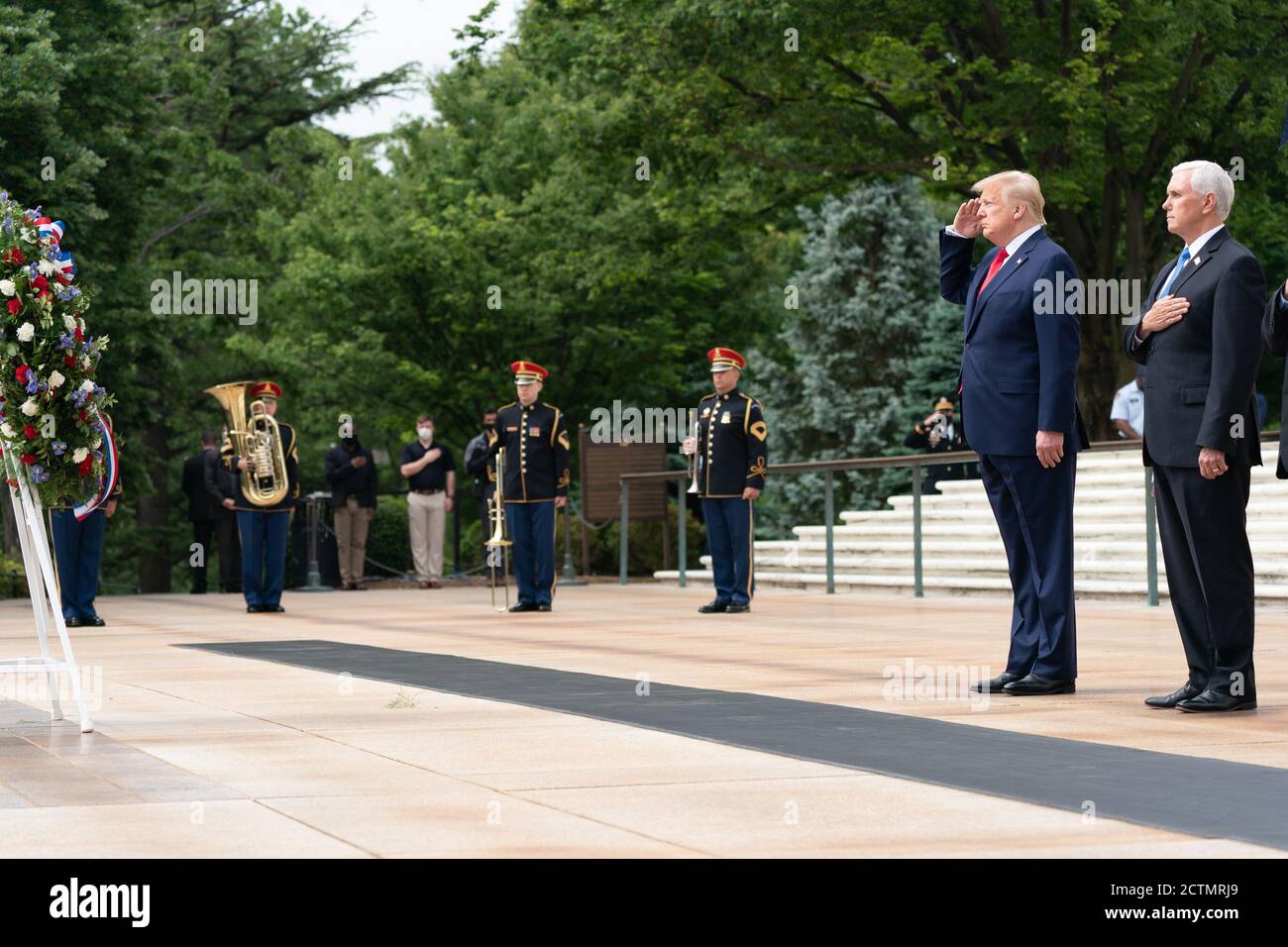 Memorial Day 2020. President Donald J. Trump, Vice President Mike Pence, Secretary of Defense Mark Esper and U.S. Army Gen. Omar Jones participate in the Memorial Day wreath-laying ceremony at the Tomb of the Unknown Soldier at Arlington National Cemetery Monday, May 25, 2020, in Arlington, Va. Stock Photo