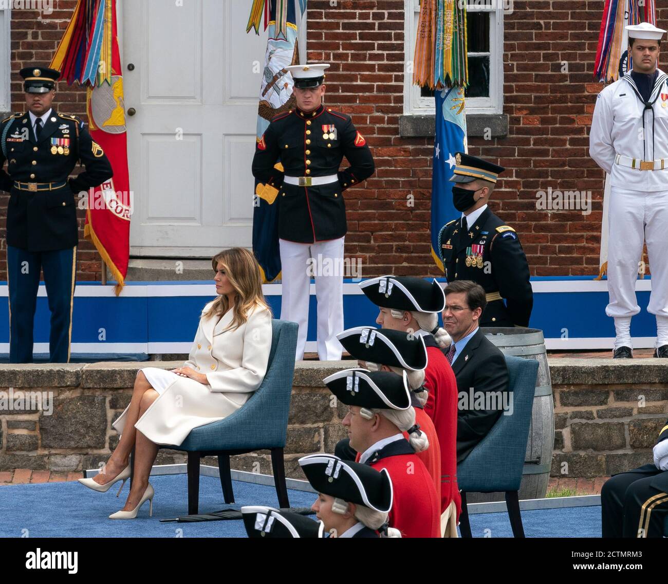 Memorial Day 2020. First Lady Melania Trump and Defense Secretary Mark Esper look on as President Donald J. Trump delivers remarks during a Memorial Day ceremony at Fort McHenry National Monument and Historic Shrine Monday, May 25, 2020, in Baltimore. Stock Photo