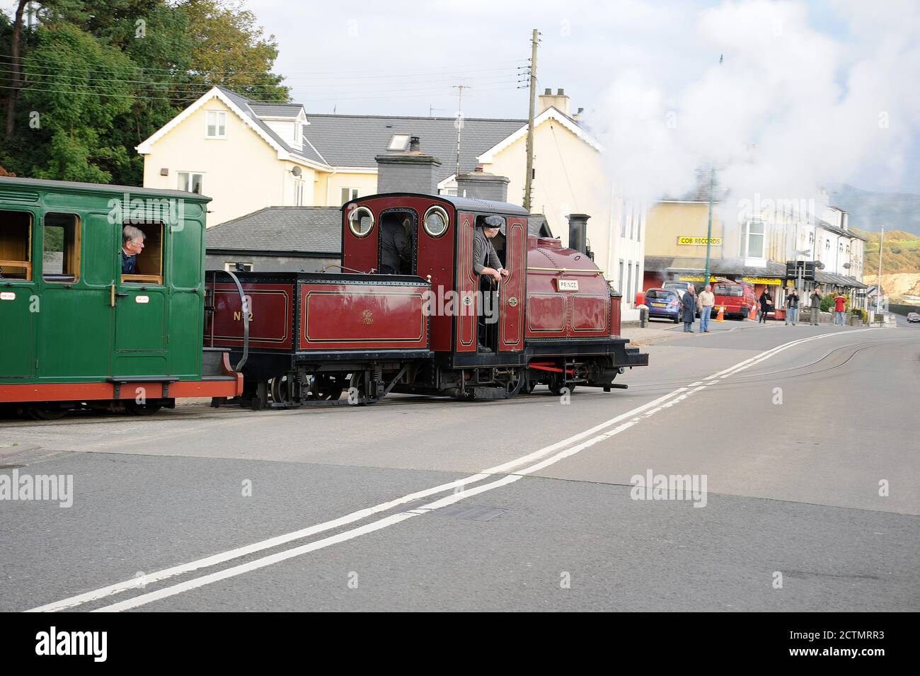 "Prince" crossing Britannia Bridge with a vintage shuttle service from Beddglelert. Stock Photo