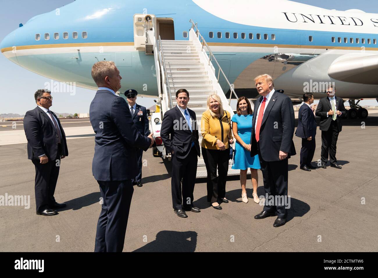 President Trump Travels to Arizona. President Donald J. Trump, joined by Arizona Governor Doug Ducey; Senator Martha McSally, R-AZ, and Rep. Debbie Lesko, R- AZ, is met by Clint Hickman Vice Chairman of Arizona’s 4th District on the Maricopa County Board of Supervisors upon the President’s arrival Tuesday June 23, 2020, at Phoenix Sky Harbor International Airport in Phoenix. Stock Photo