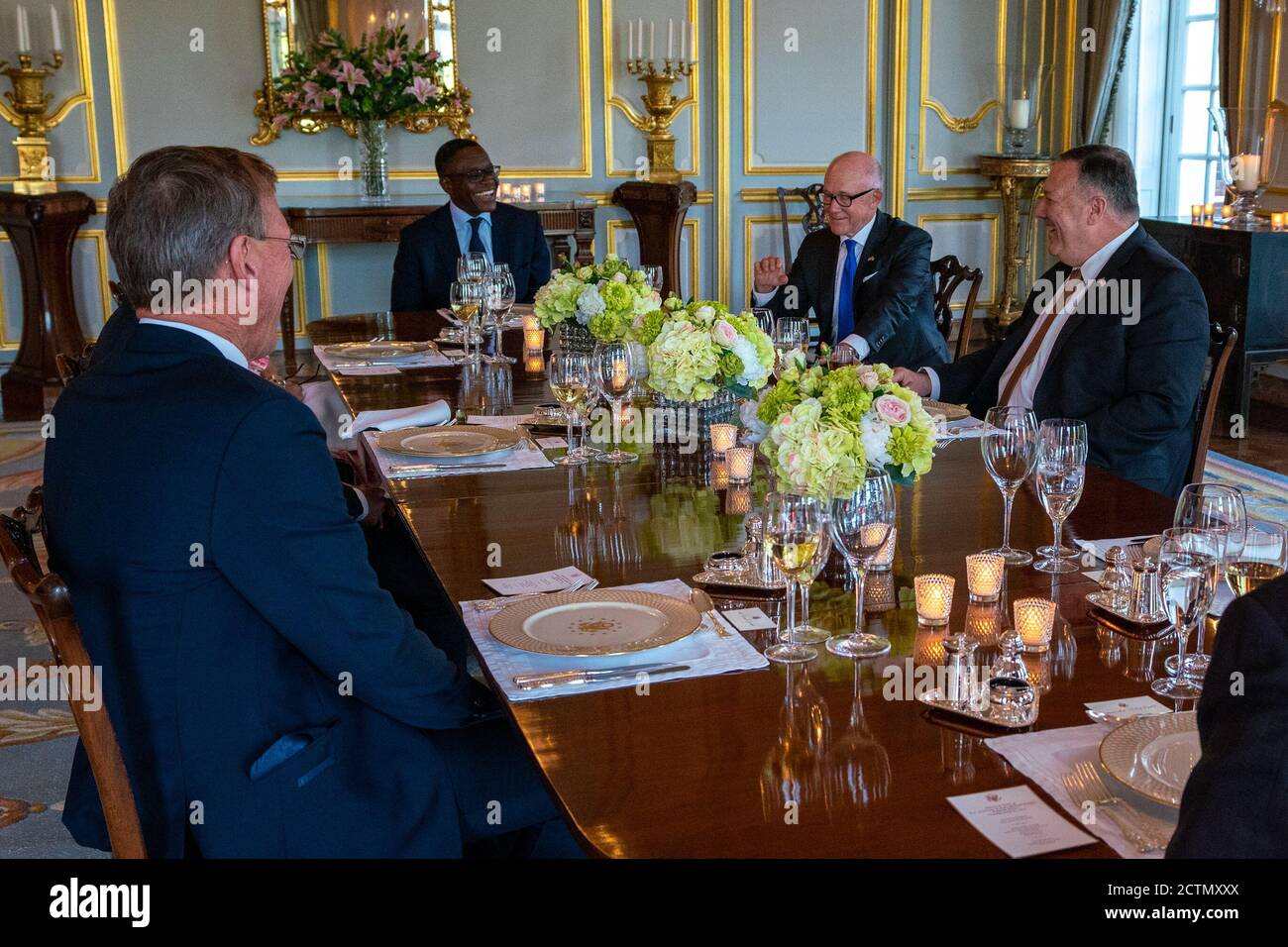 On July 21, 2020, U.S. Secretary of State Michael R. Pompeo participated in a small group dinner hosted by U.S. Ambassador to the United Kingdom, Woody Johnson, in London, discussing key issues in U.S.-UK relations. Stock Photo