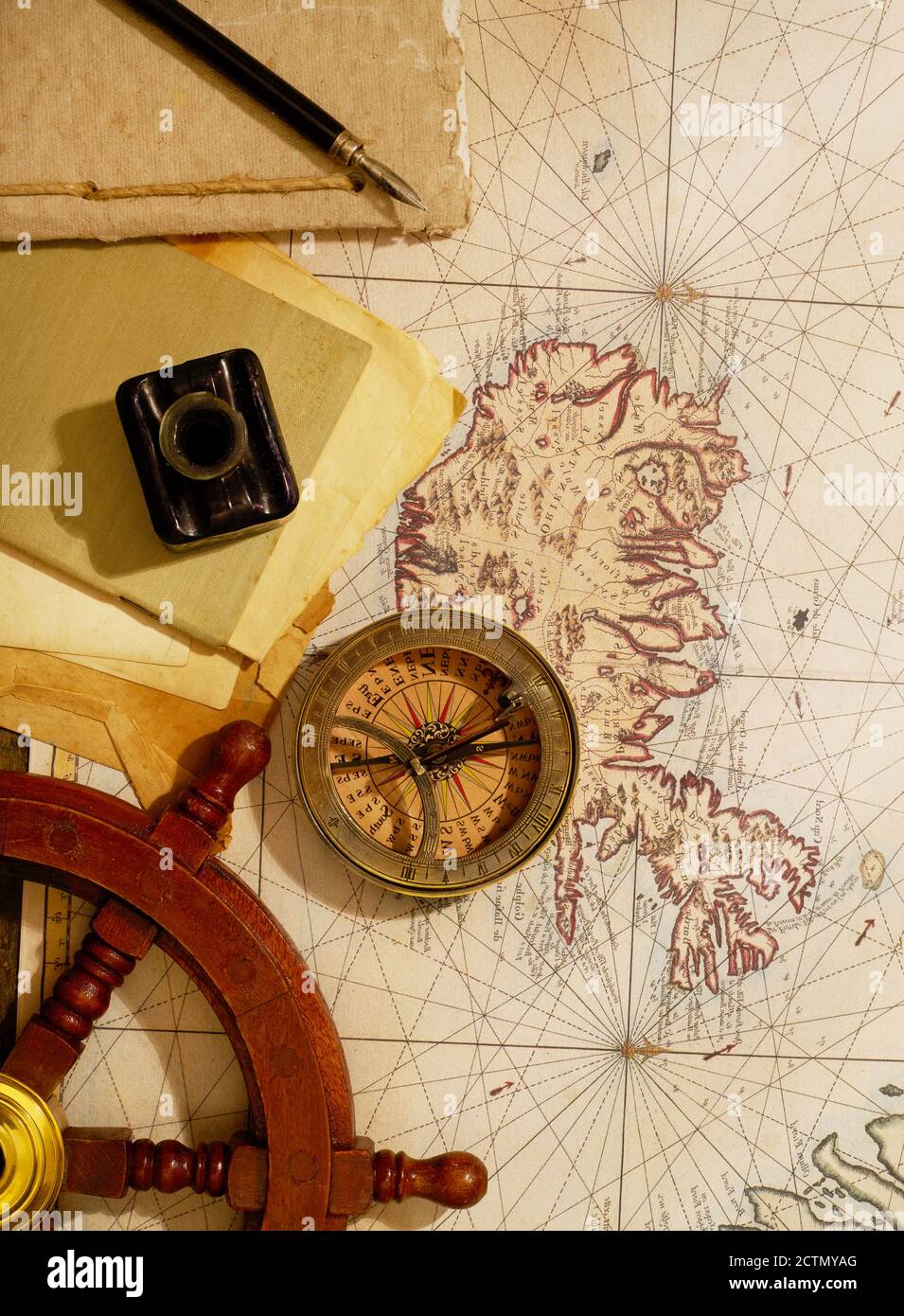Marine equipment over old map from XVIII century Stock Photo - Alamy
