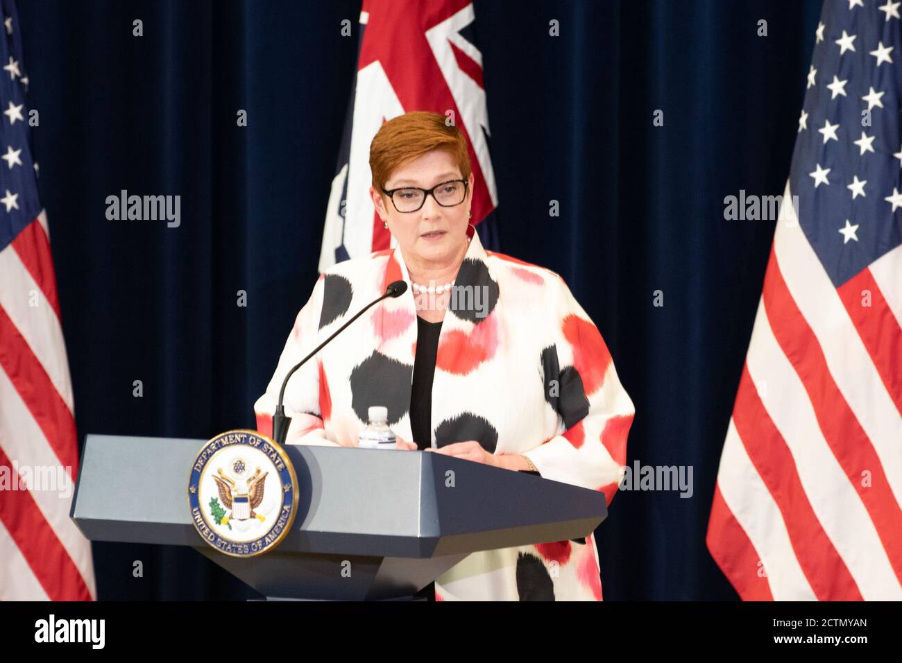 Secretary Pompeo Holds a Joint Press Availability with Defense Secretary Mark Esper, Australian Foreign Minister Marise Payne, and Australian Defence Minister Linda Reynolds . Secretary of State Michael R.  Pompeo holds a joint press availability with Secretary of Defense Mark Esper, Australian Foreign Minister Marise Payne, and Australian Defence Minister Linda Reynolds, at the Department of State, on July 28, 2020. Stock Photo