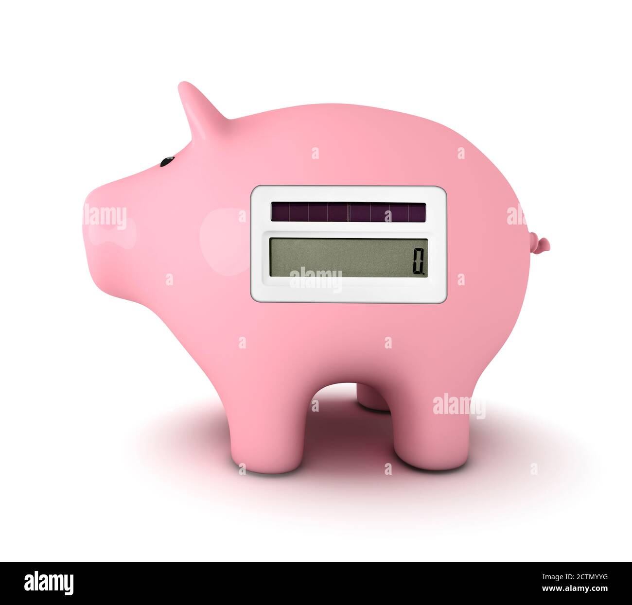Piggy bank with calculator, white background Stock Photo - Alamy
