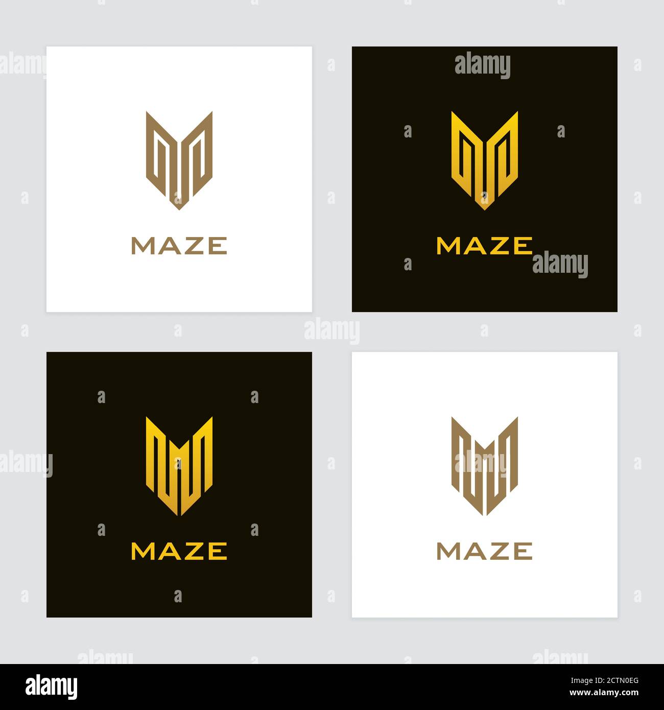 Gold colored letter v or m icons in labyrinth form. Luxury logo set Stock Vector