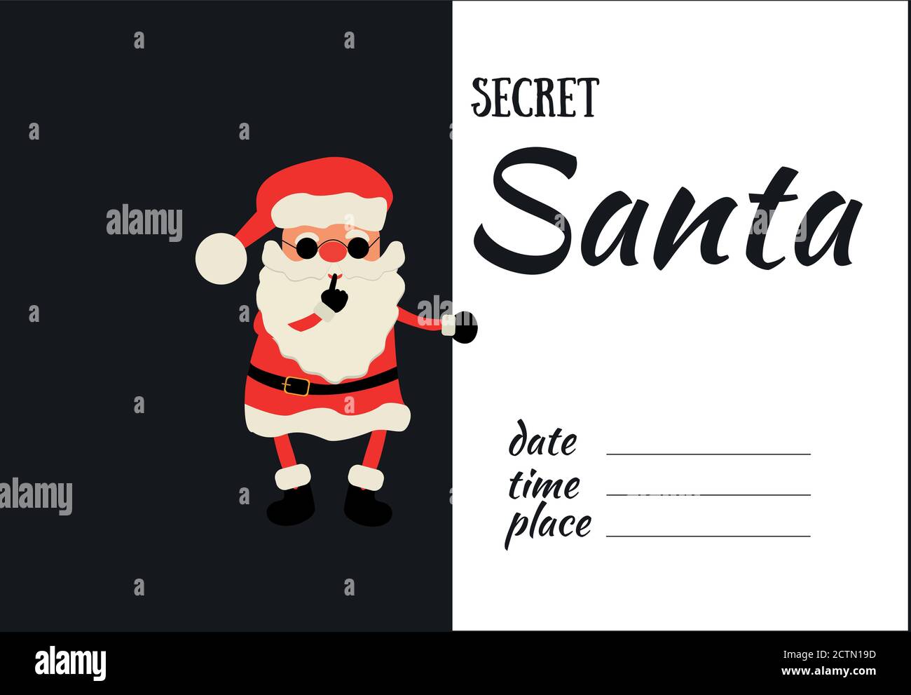 Secret Santa Claus invitation background with cartoon Santa Claus peeking out from behind the poster. vector illustration. Stock Vector
