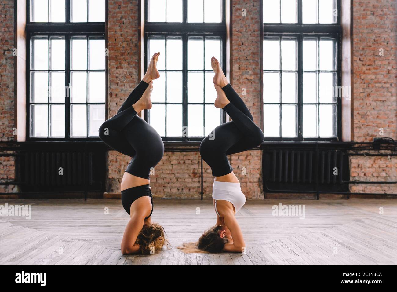 Two young females do complex of stretching yoga asanas in loft style class. Shirshasana position, garudasana Stock Photo